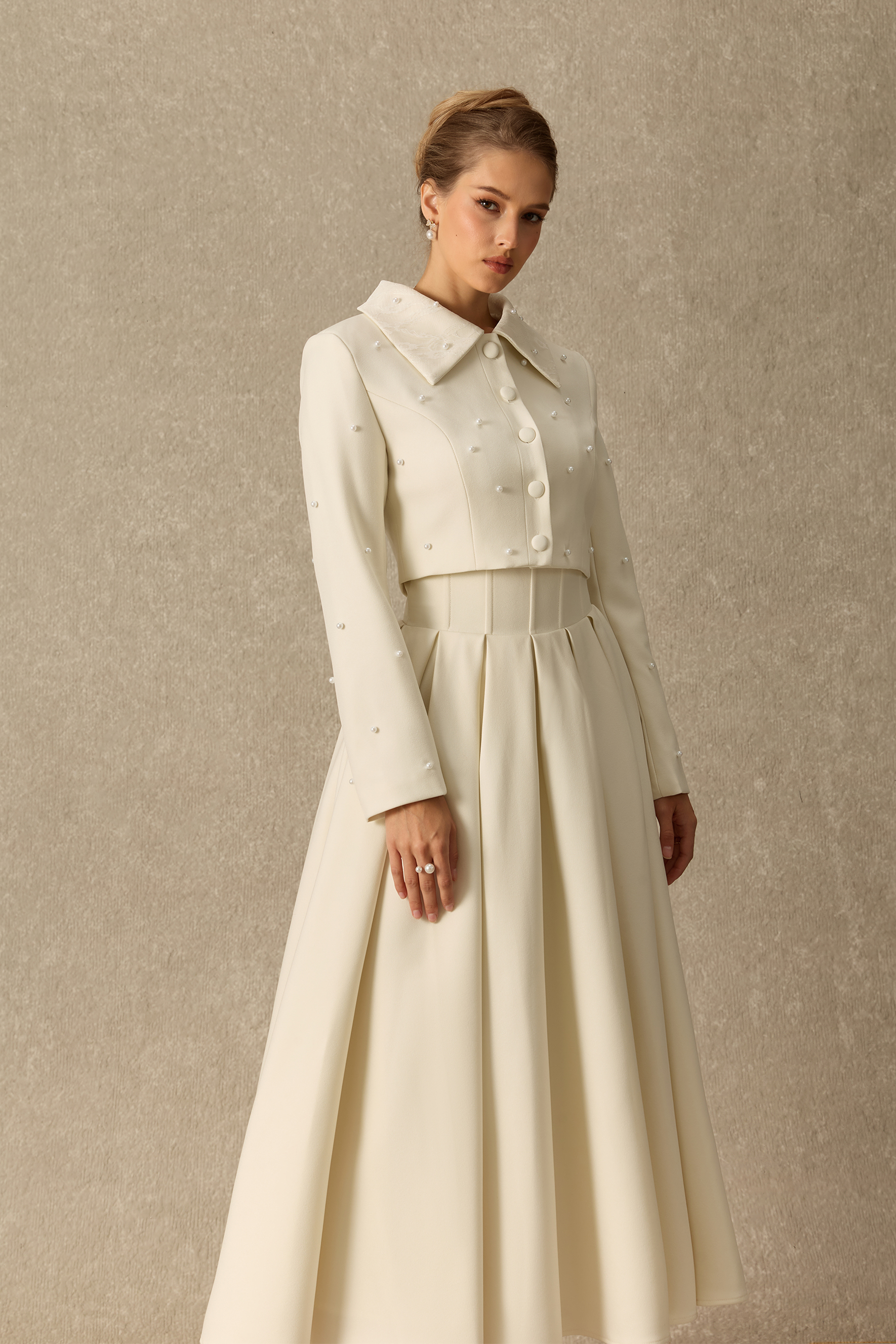 Special Invite Pearl Embellished Cropped Jacket & Pleated Skirt Set