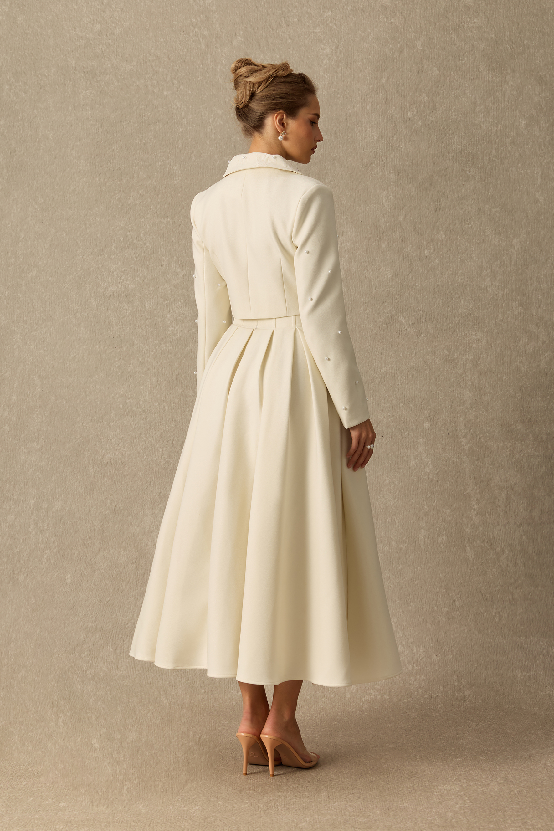 Special Invite Pearl Embellished Cropped Jacket & Pleated Skirt Set