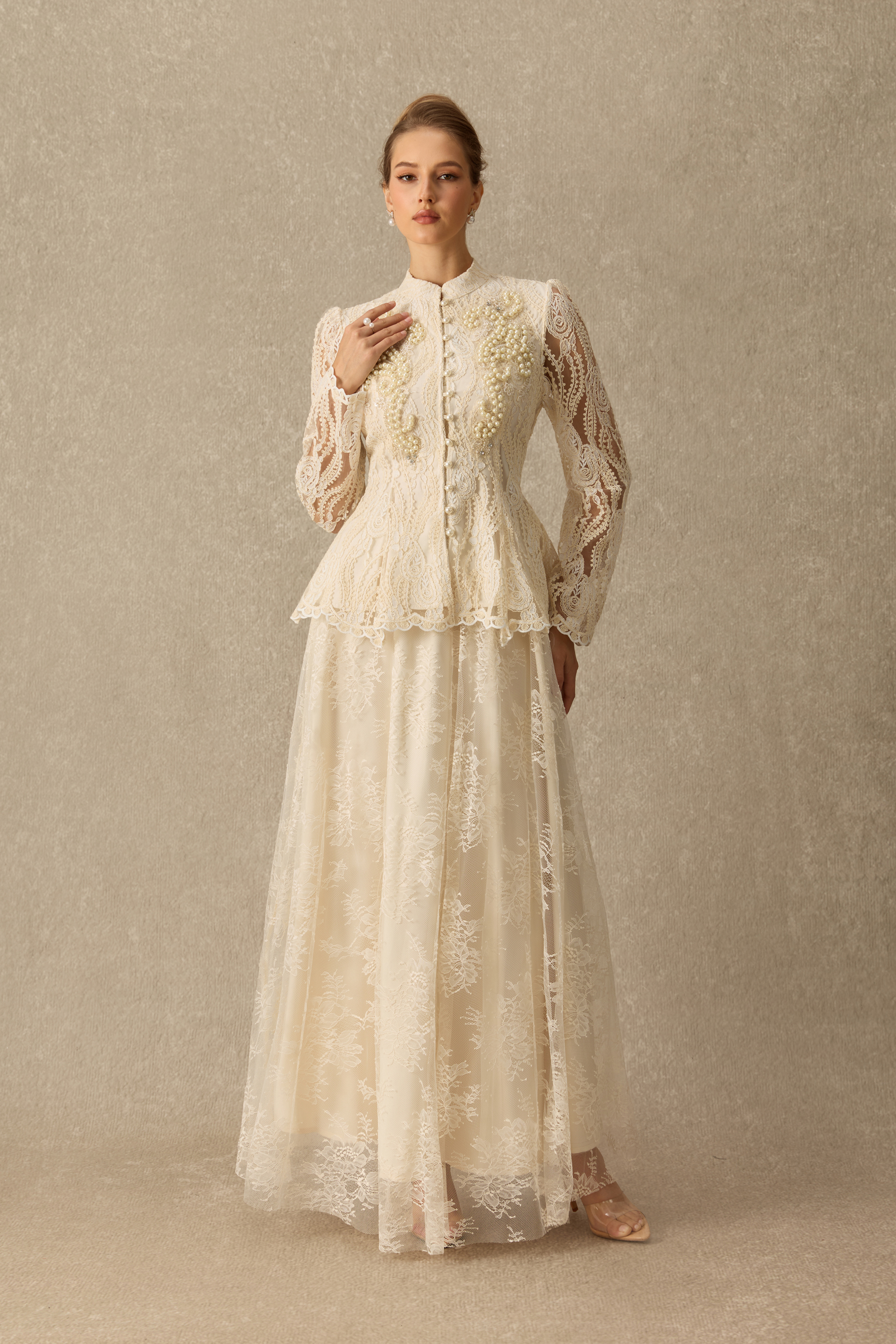 Keep It Classy Pearl Embellished Lace Peplum Top & Skirt Set