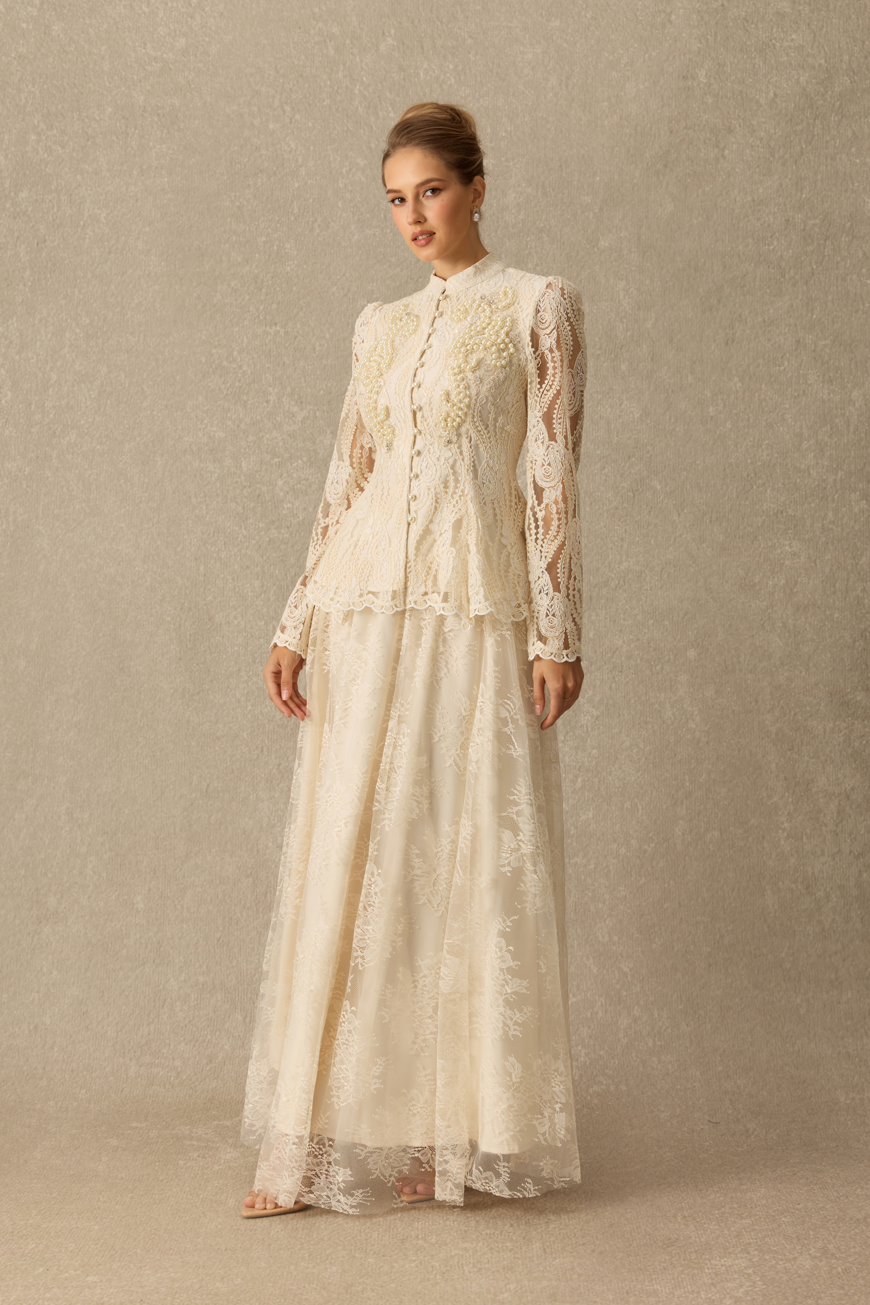 Keep It Classy Pearl Embellished Lace Peplum Top & Skirt Set