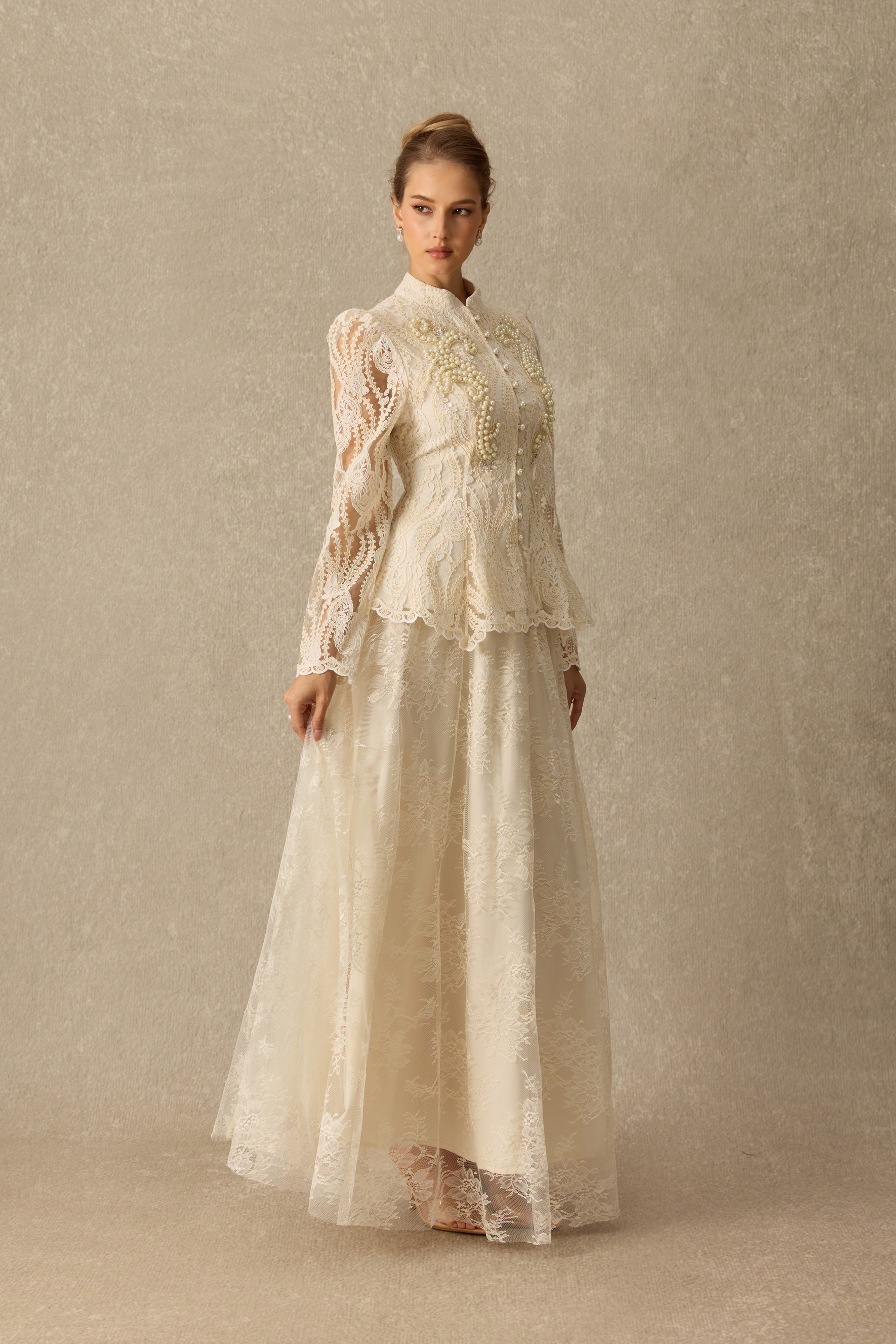 Keep It Classy Pearl Embellished Lace Peplum Top & Skirt Set