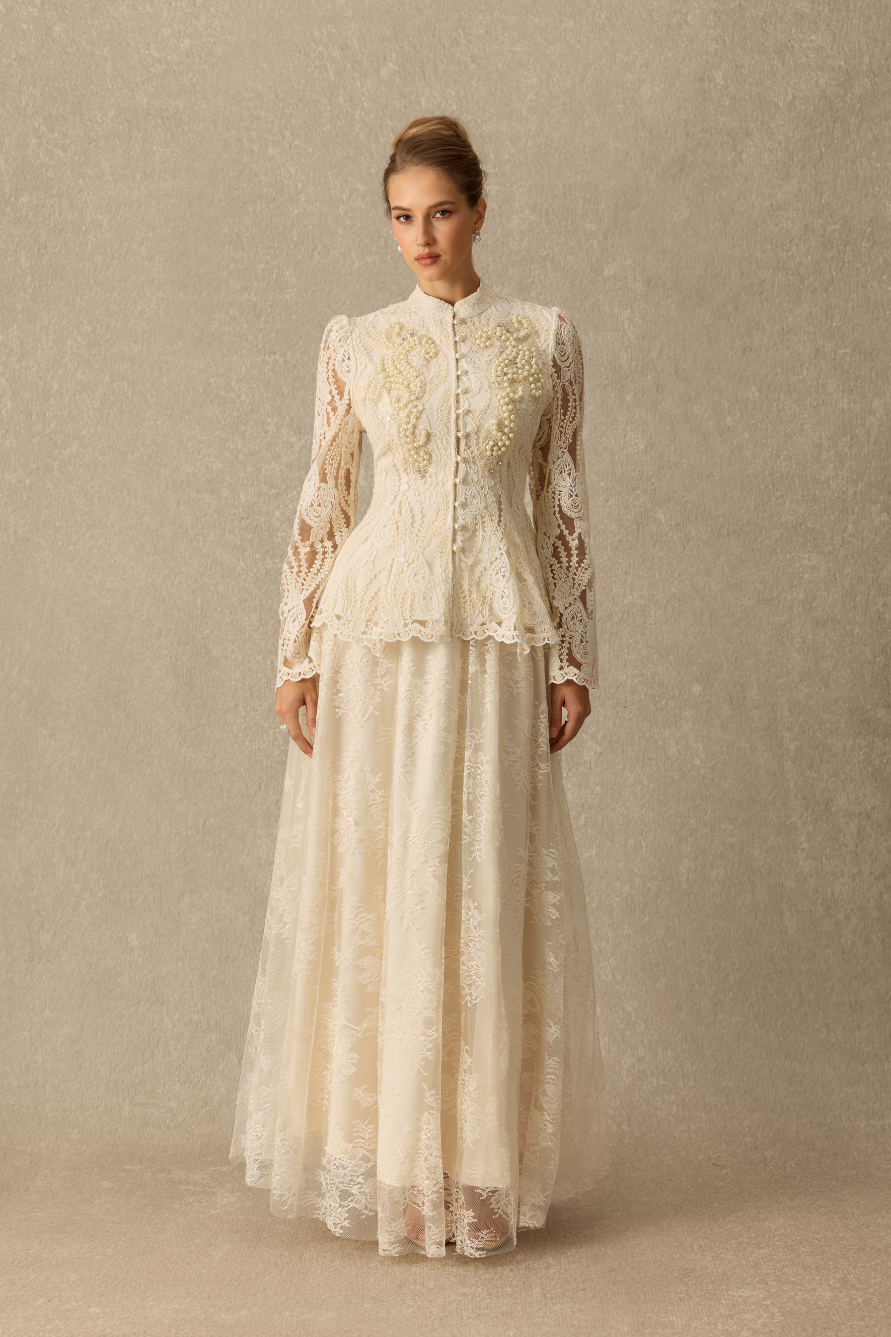Keep It Classy Pearl Embellished Lace Peplum Top & Skirt Set