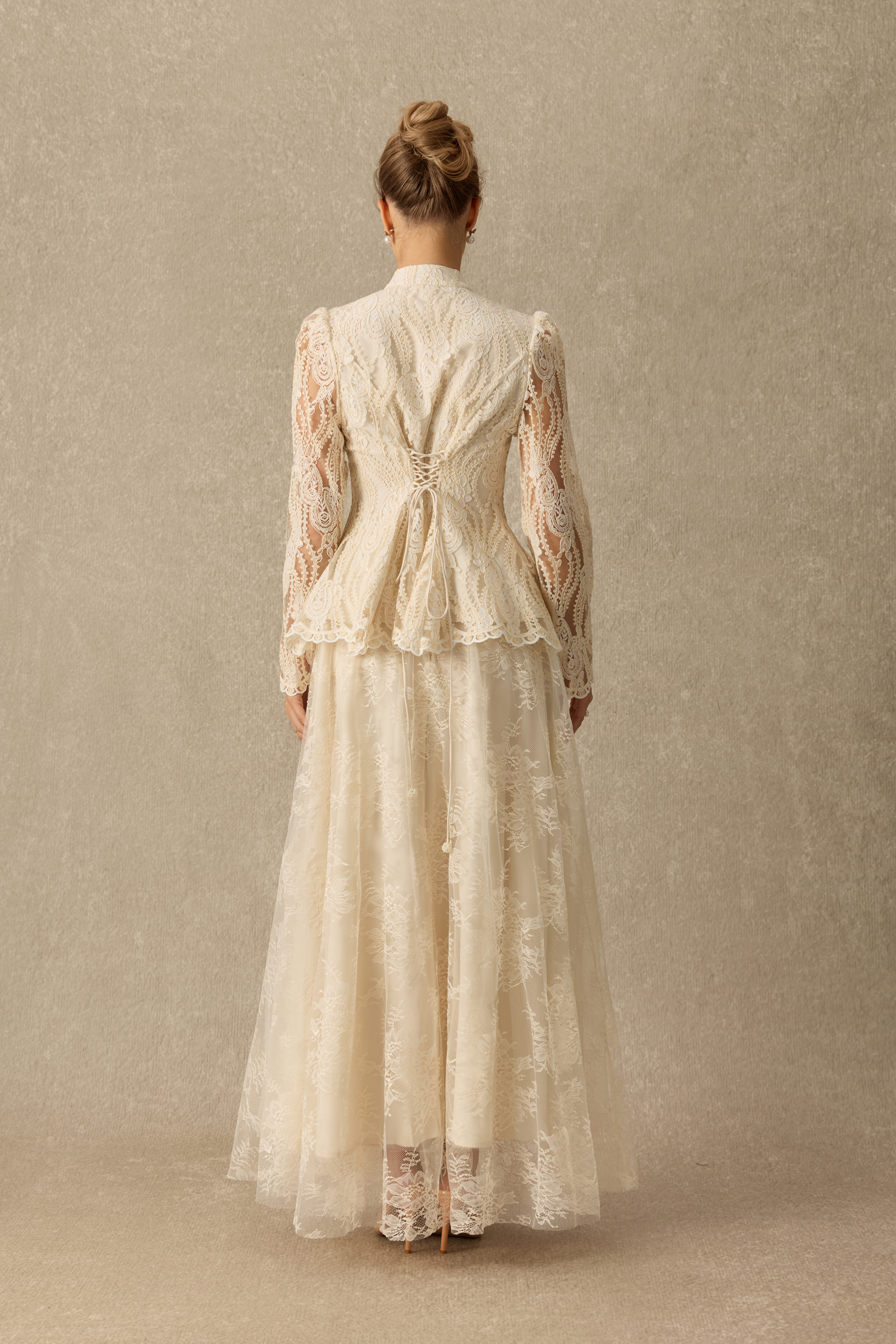 Keep It Classy Pearl Embellished Lace Peplum Top & Skirt Set