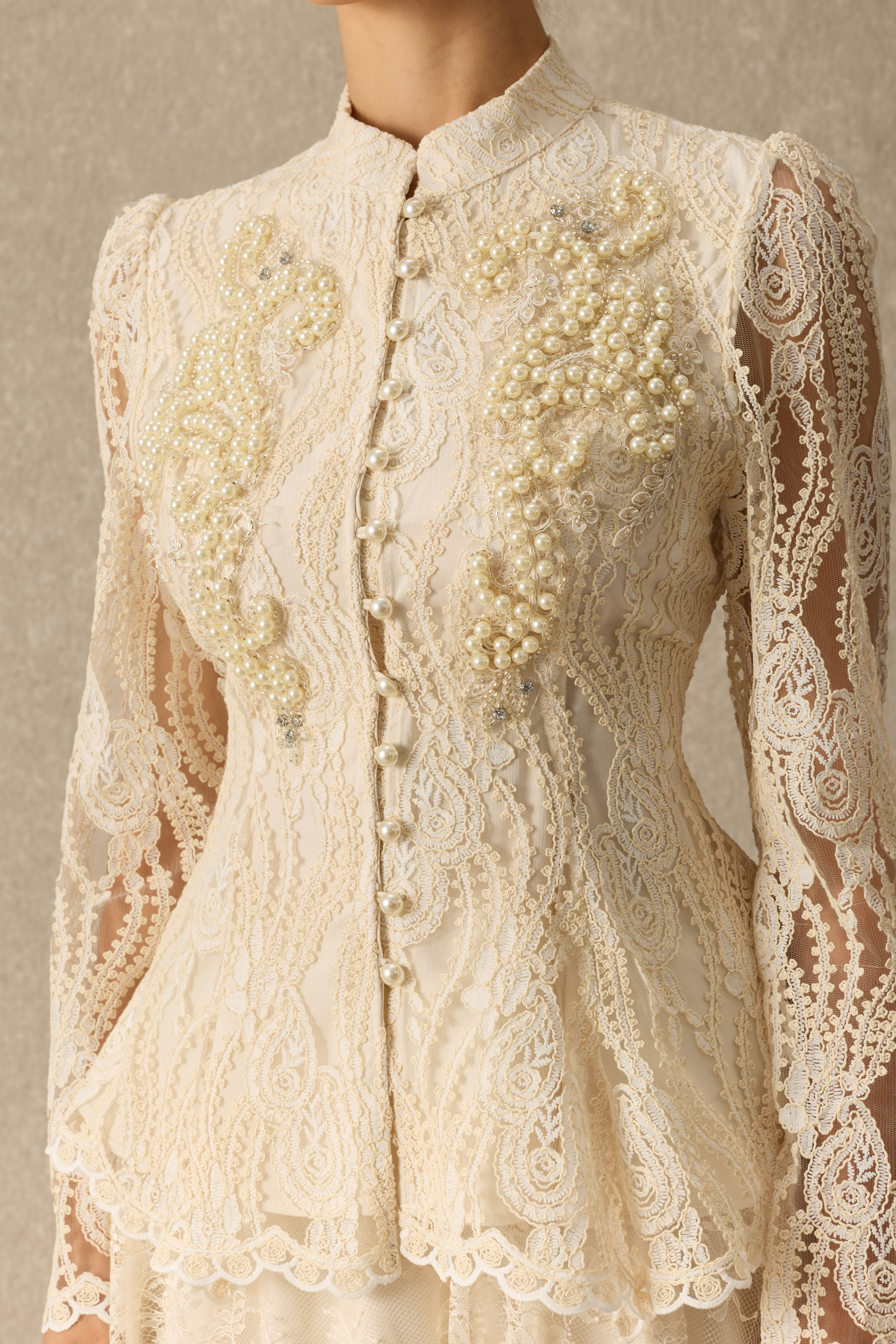 Keep It Classy Pearl Embellished Lace Peplum Top & Skirt Set