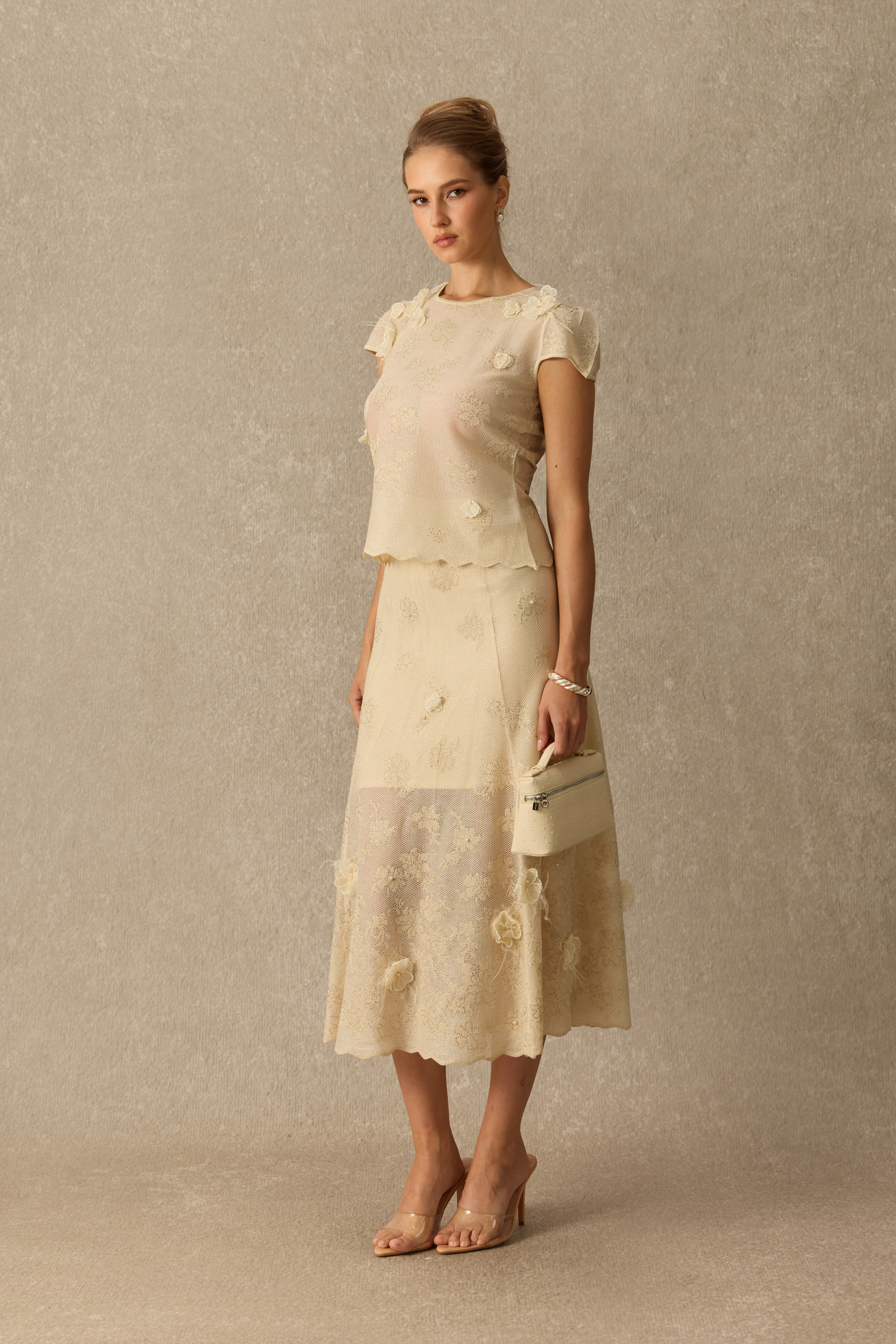 Tender Hours Floral Applique Knit Top & Skirt Set