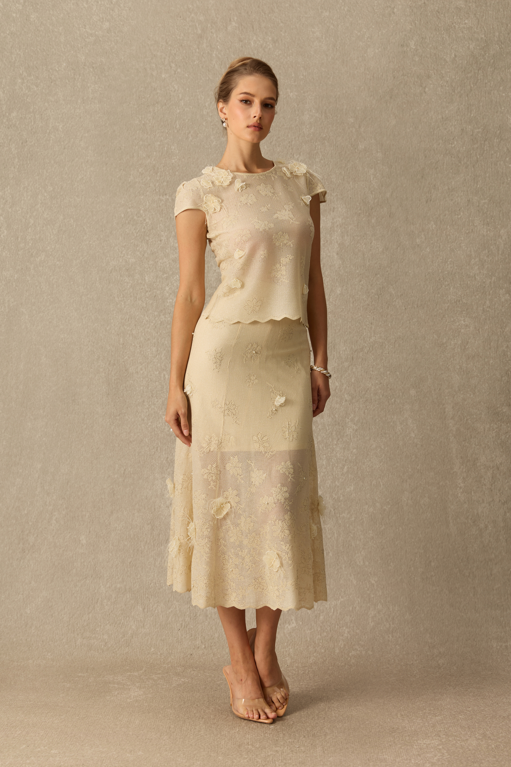 Tender Hours Floral Applique Knit Top & Skirt Set