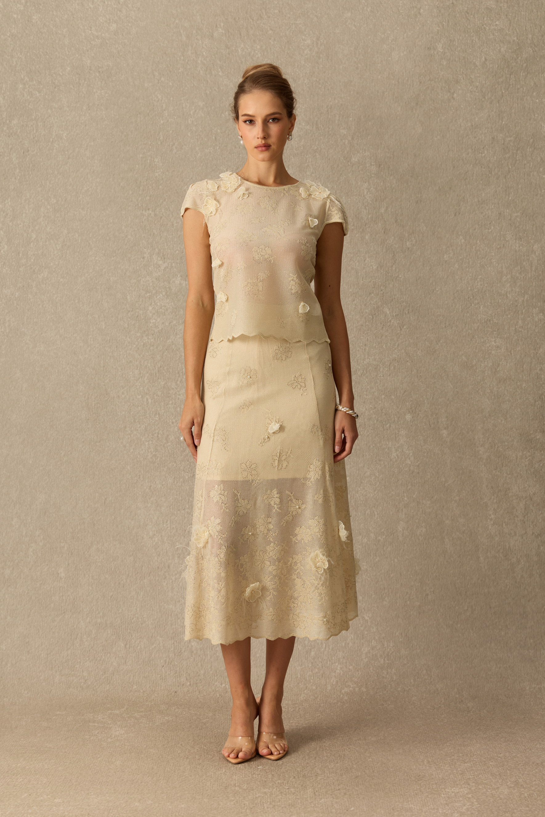 Tender Hours Floral Applique Knit Top & Skirt Set