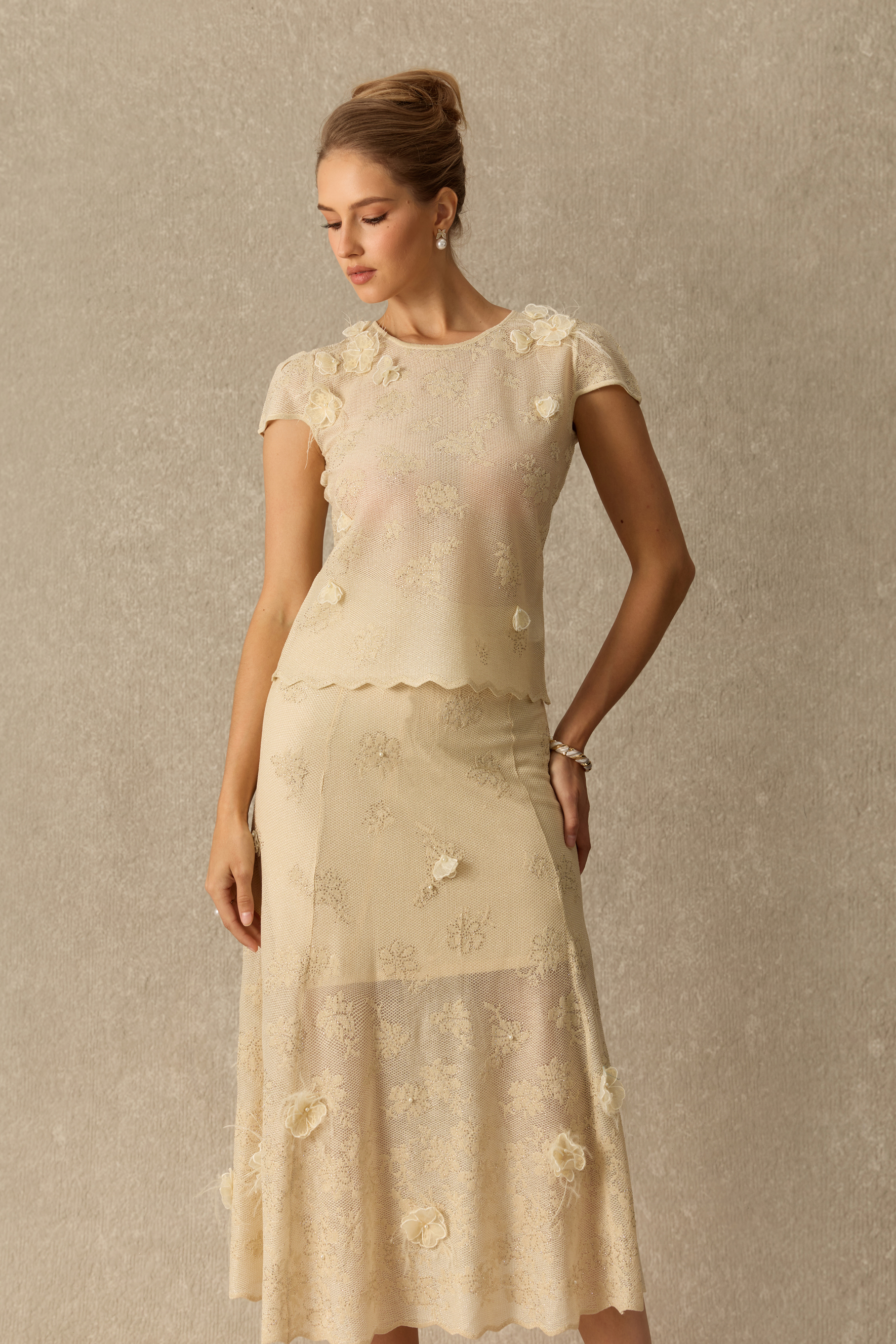 Tender Hours Floral Applique Knit Top & Skirt Set