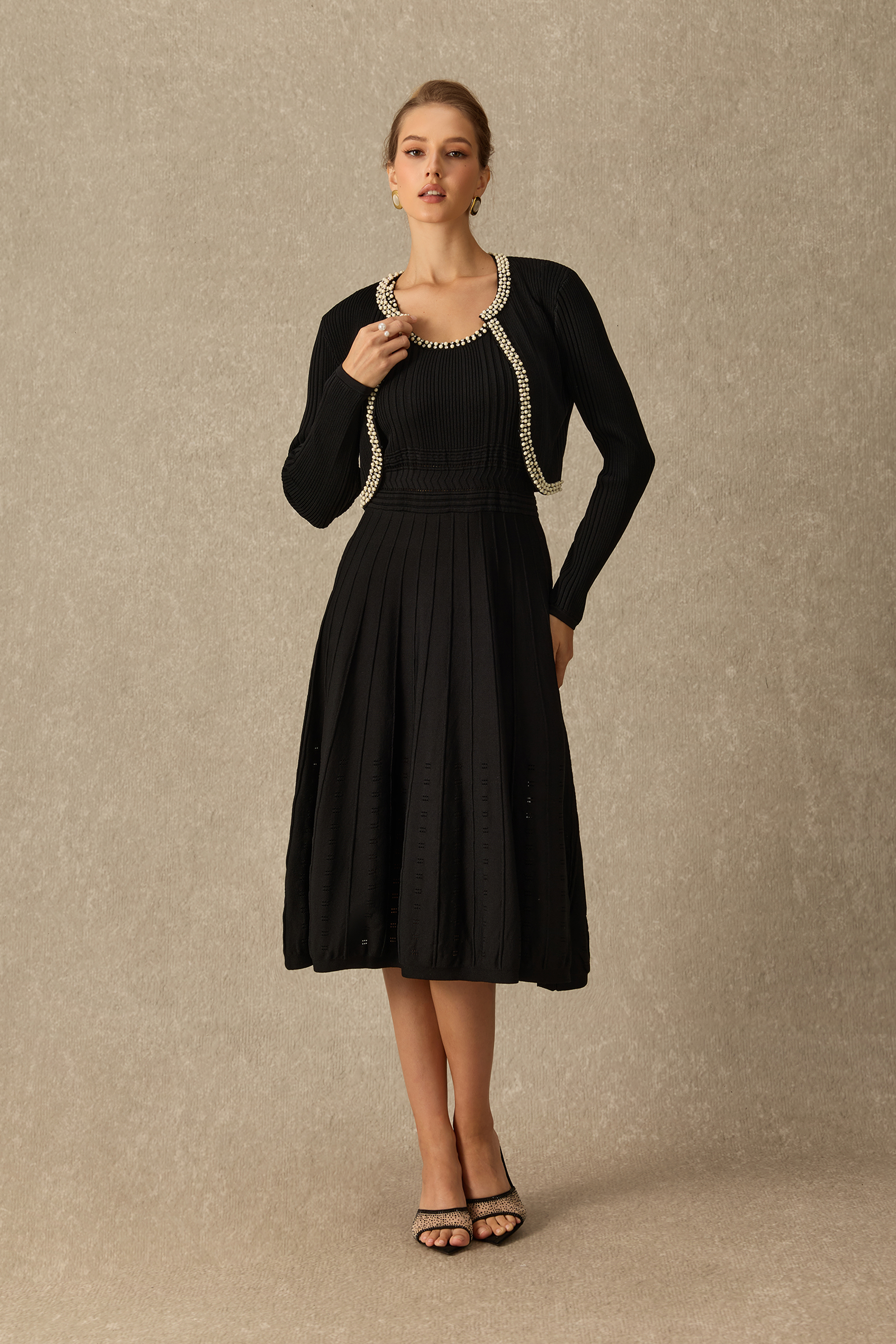 Classic Appeal Rhinestone Trim Sleeveless Knit Dress & Cardigan Set