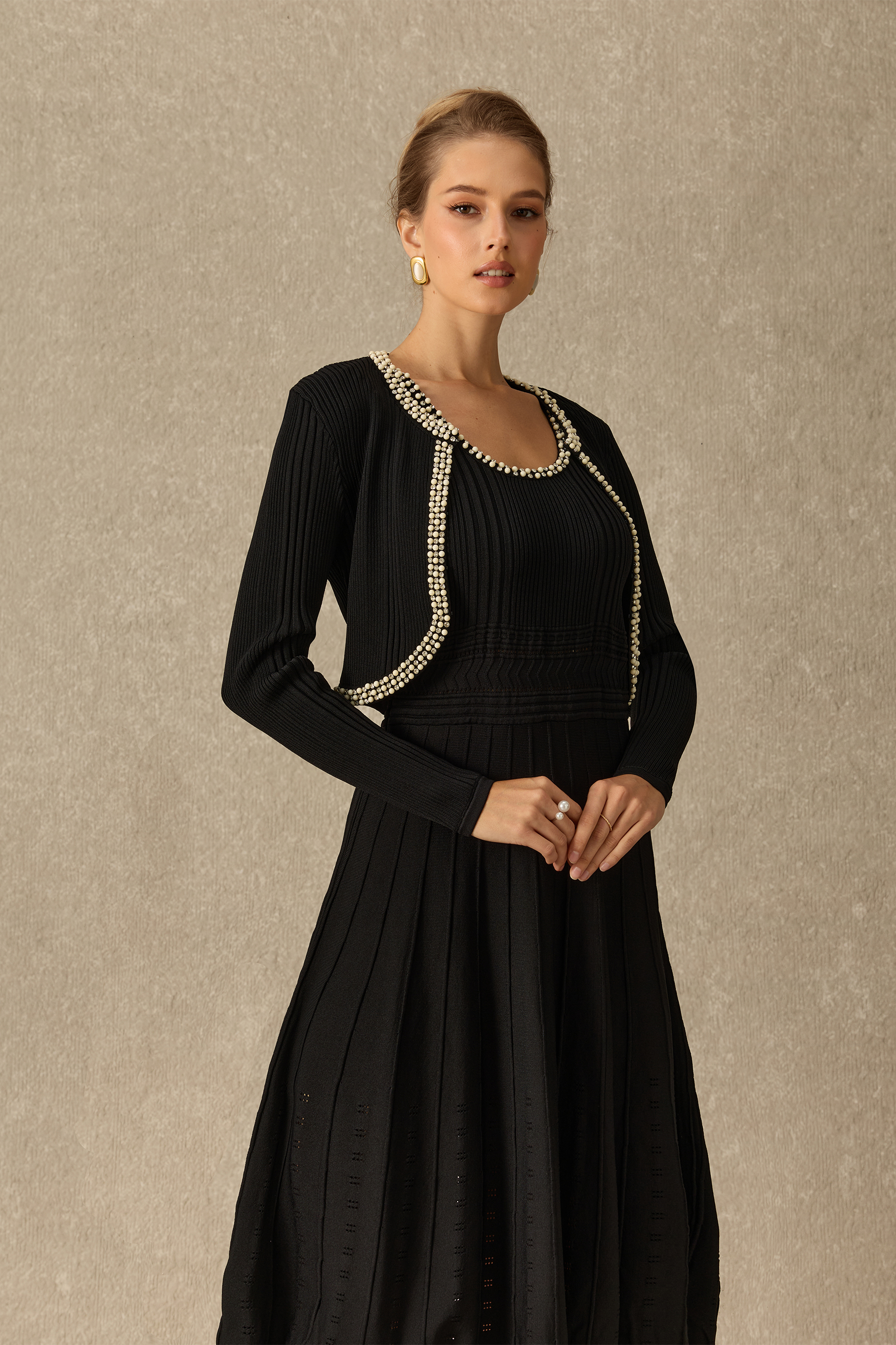 Classic Appeal Rhinestone Trim Sleeveless Knit Dress & Cardigan Set