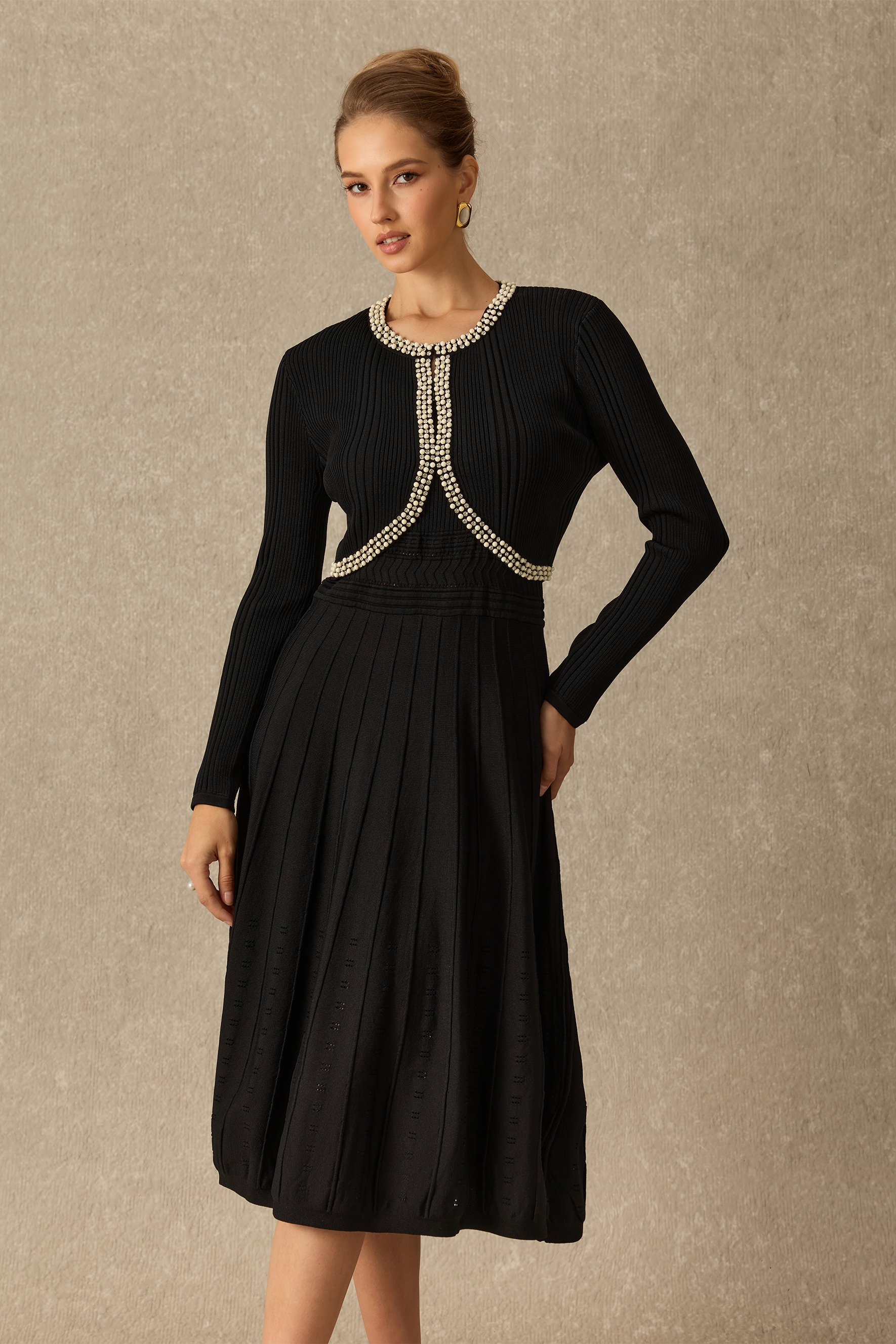 Classic Appeal Rhinestone Trim Sleeveless Knit Dress & Cardigan Set