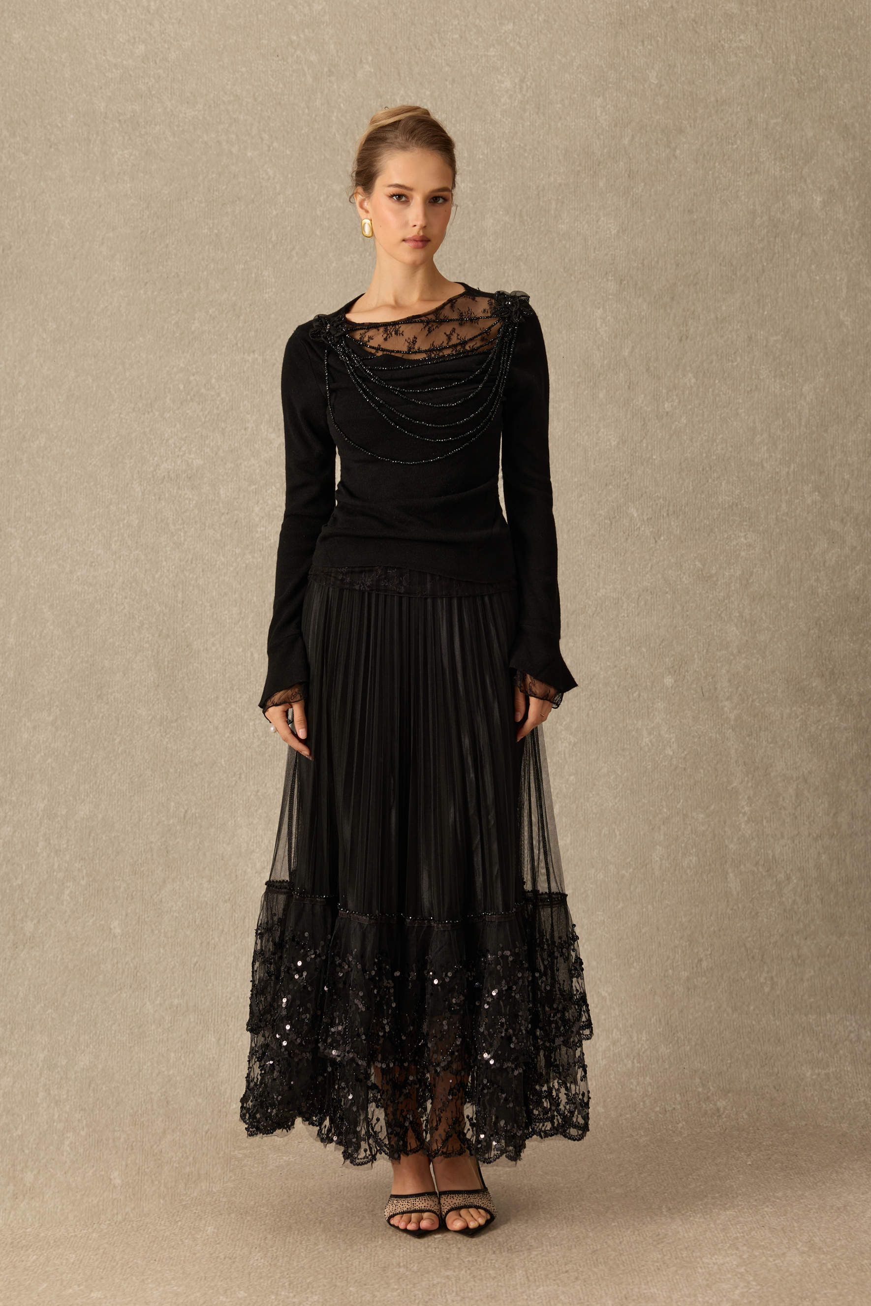 Date Night Ready Lace Panel Embellished Long Sleeve Top