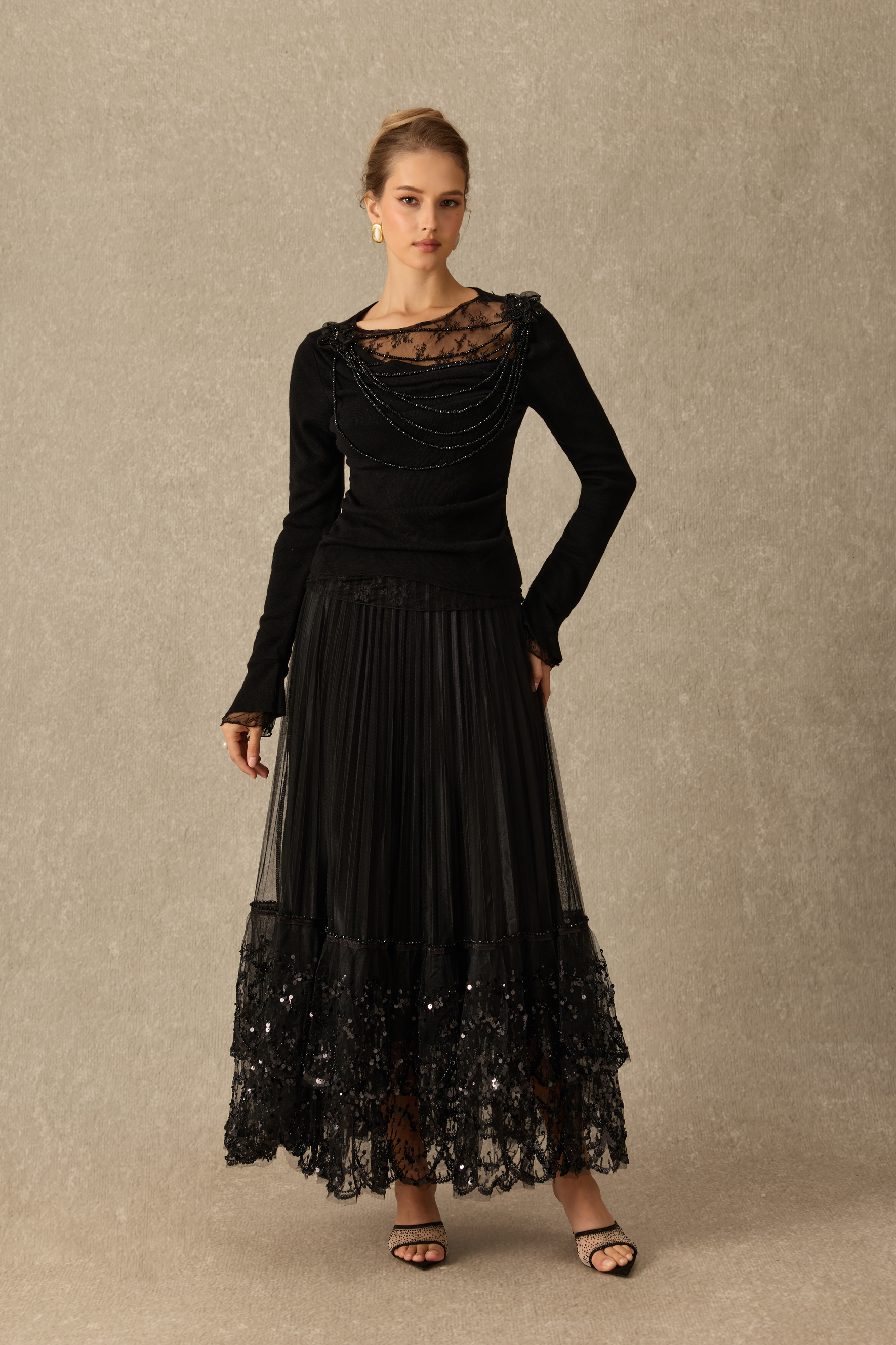 Date Night Ready Lace Panel Embellished Long Sleeve Top