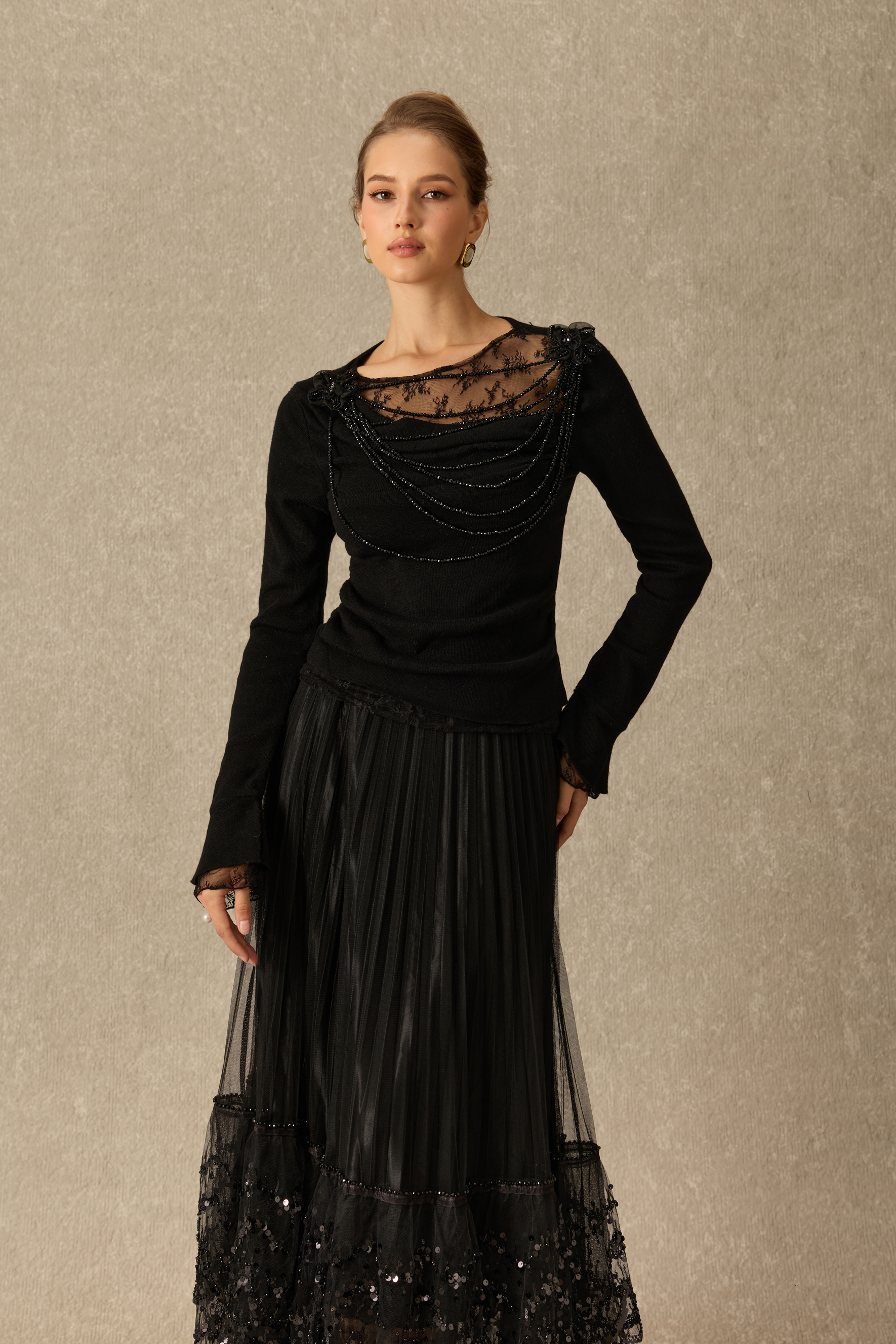 Date Night Ready Lace Panel Embellished Long Sleeve Top