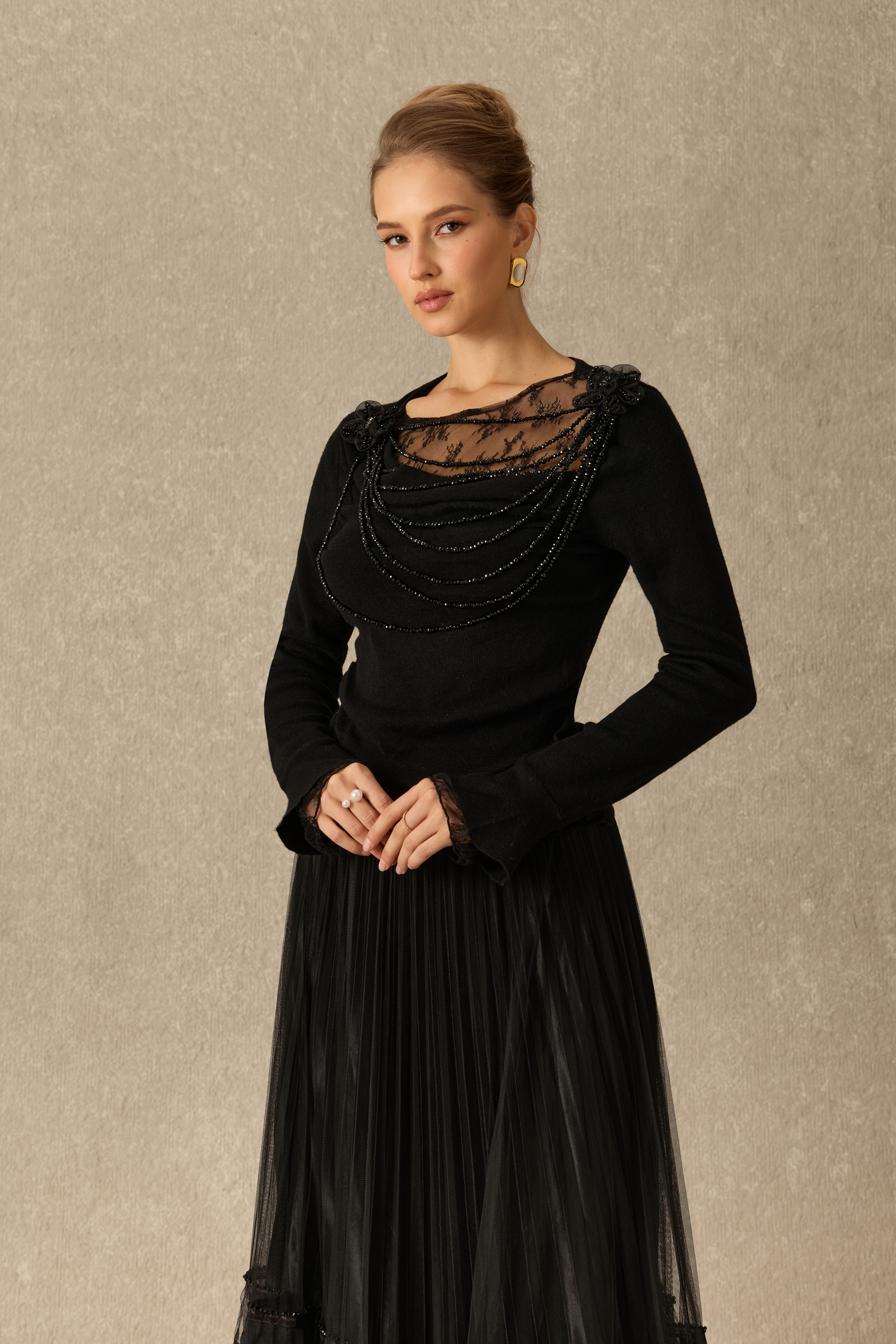 Date Night Ready Lace Panel Embellished Long Sleeve Top