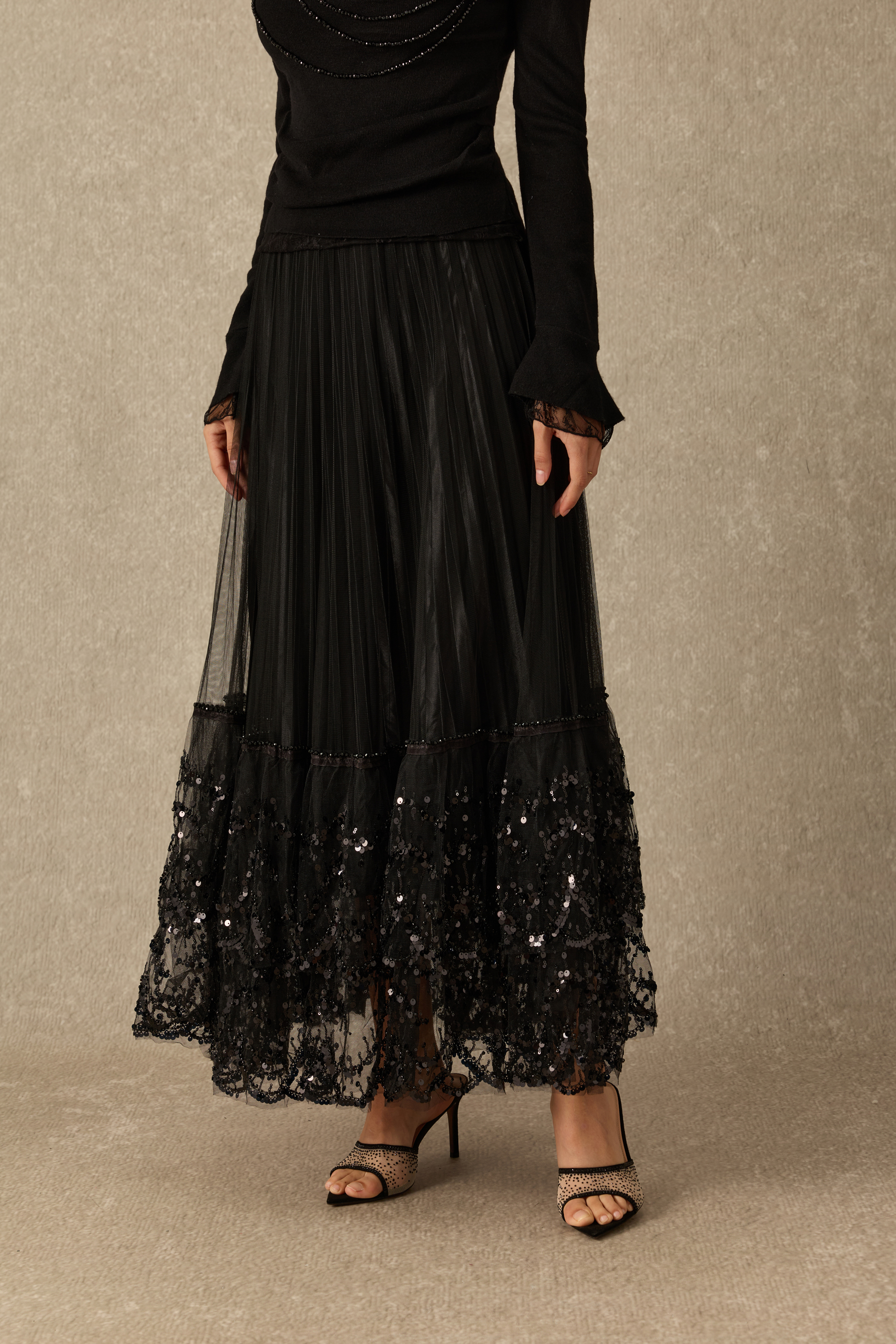 Date Night Ready Sequin Embellished Pleated Maxi Skirt