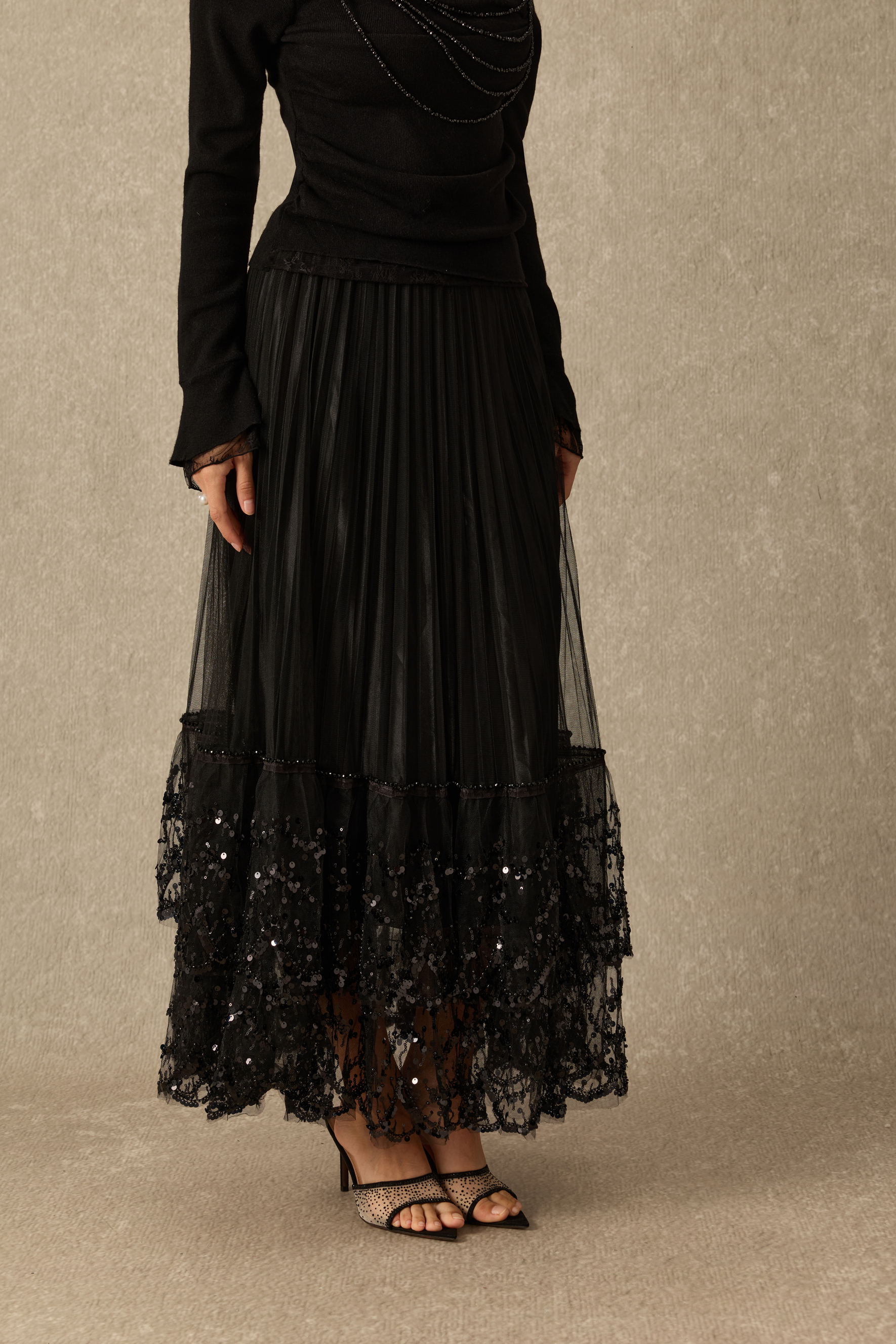 Date Night Ready Sequin Embellished Pleated Maxi Skirt