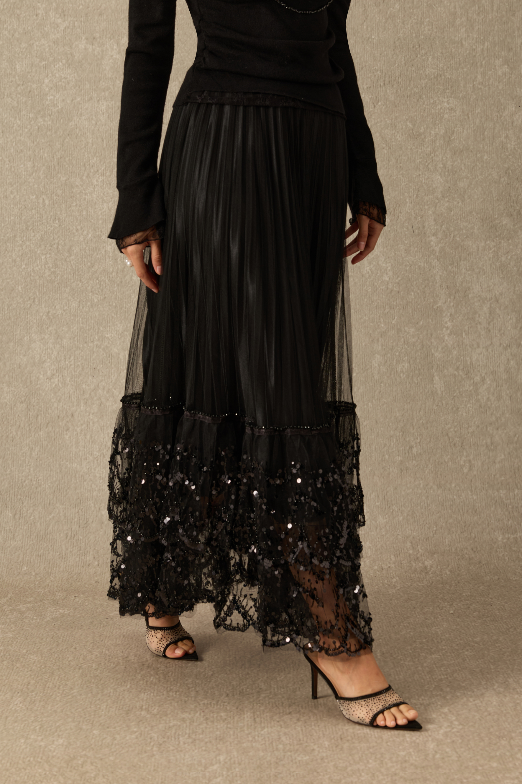 Date Night Ready Sequin Embellished Pleated Maxi Skirt