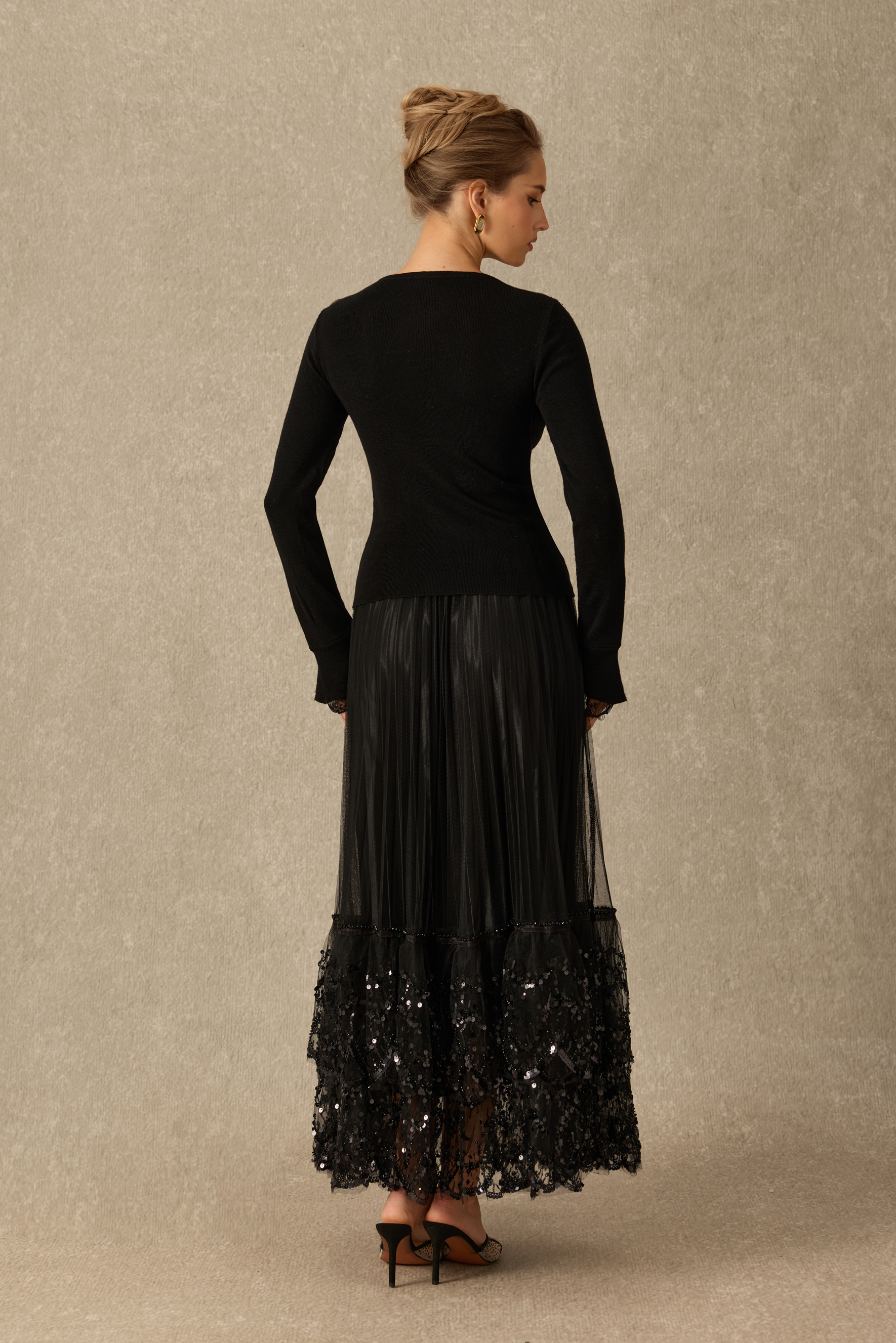 Date Night Ready Lace Panel Embellished Long Sleeve Top