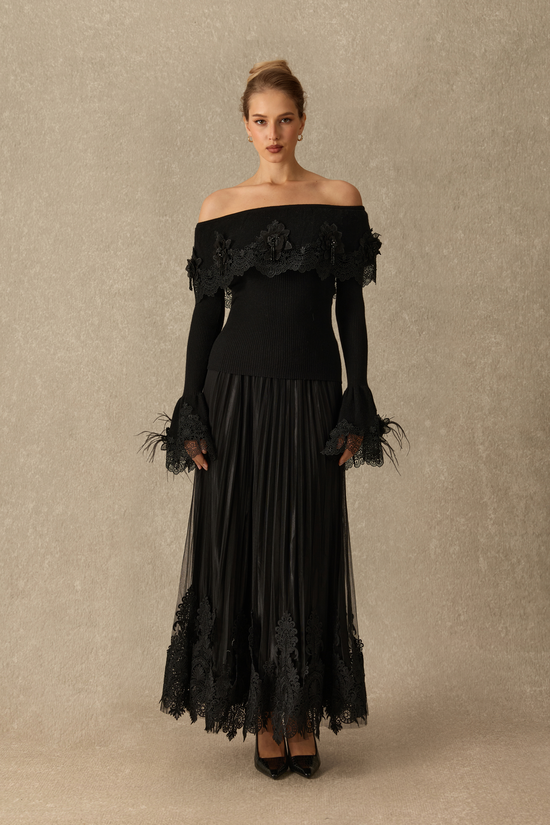 Take The Spotlight Lace Embroidered Pleated Maxi Skirt
