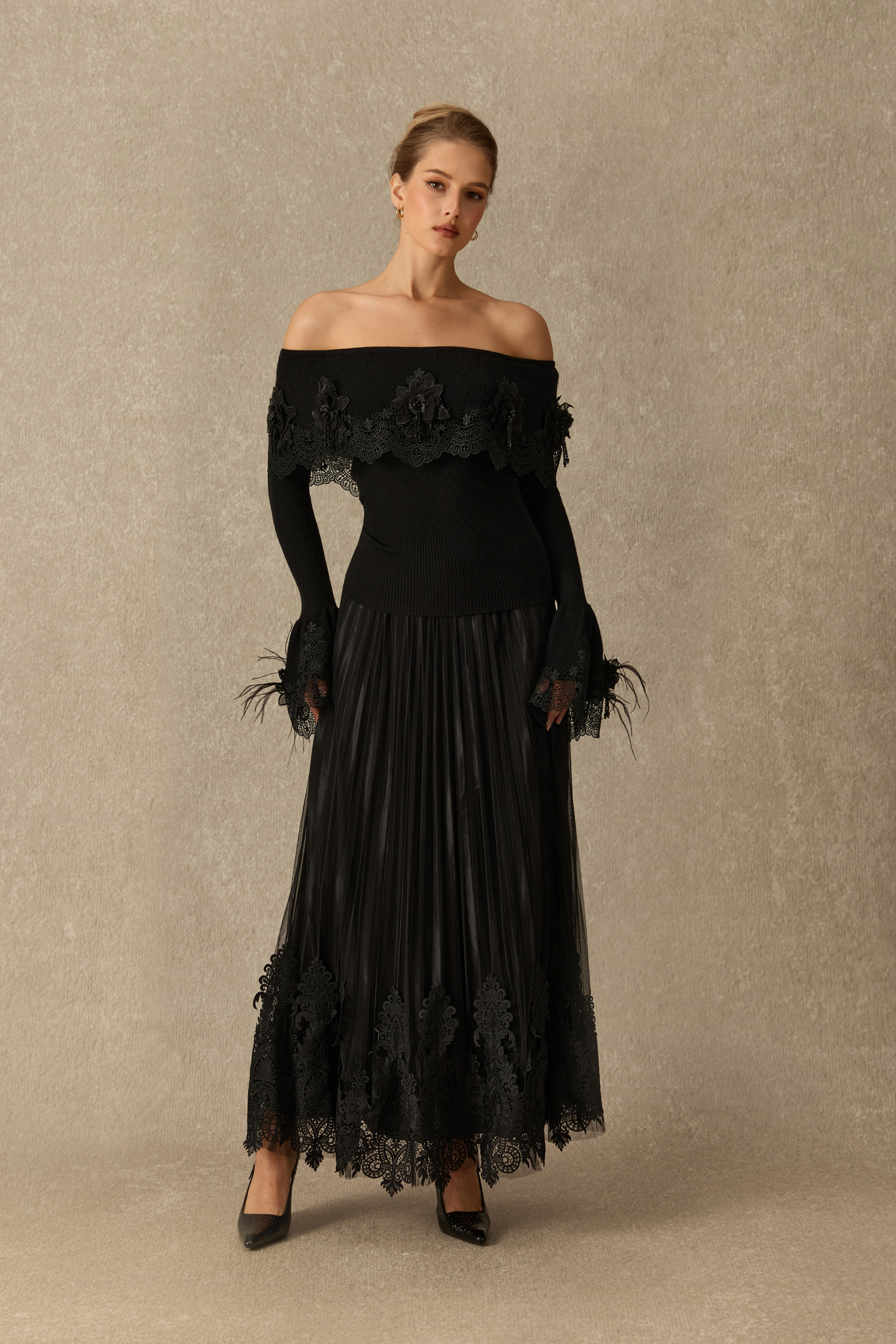 Take The Spotlight Lace Embroidered Pleated Maxi Skirt
