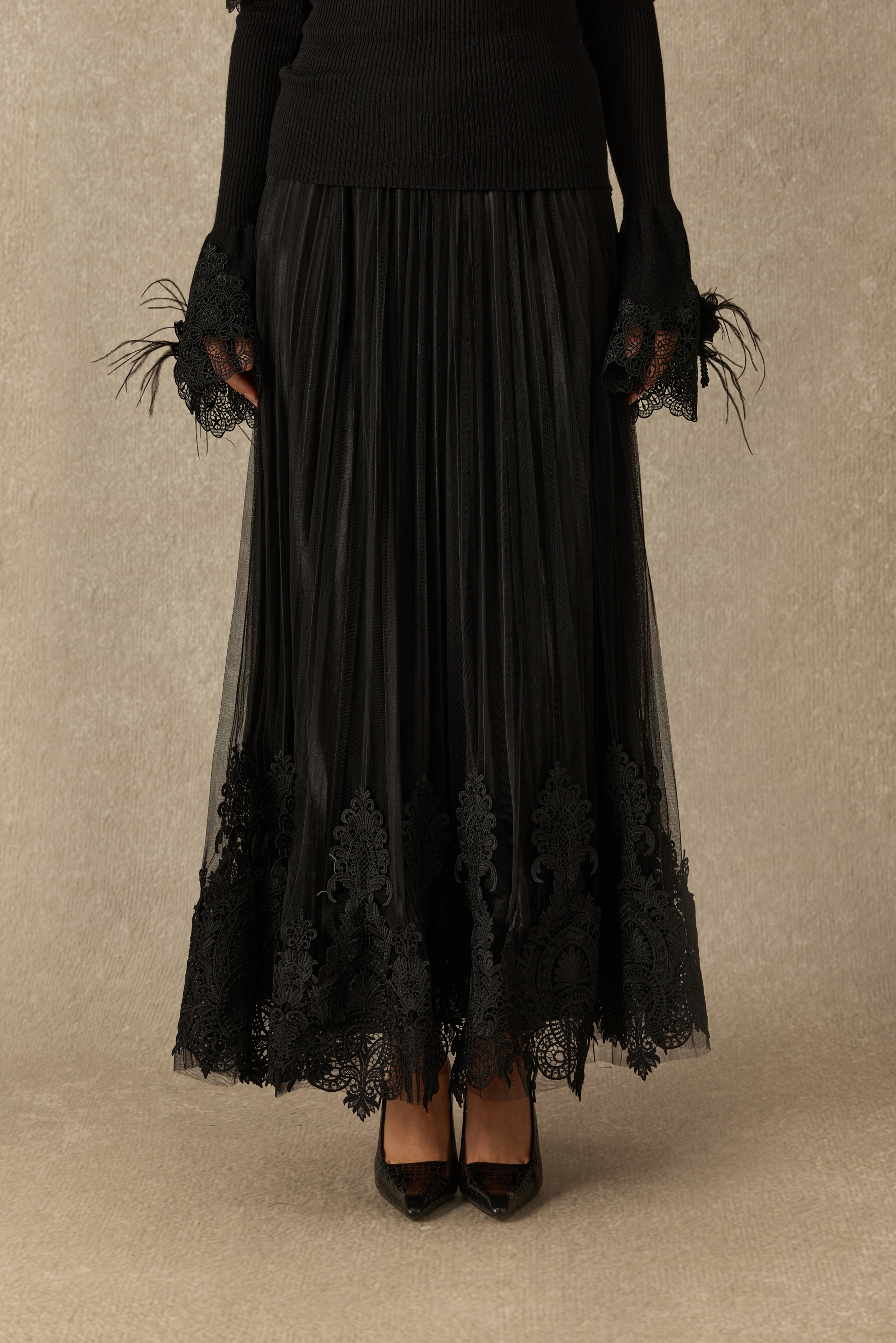 Take The Spotlight Lace Embroidered Pleated Maxi Skirt
