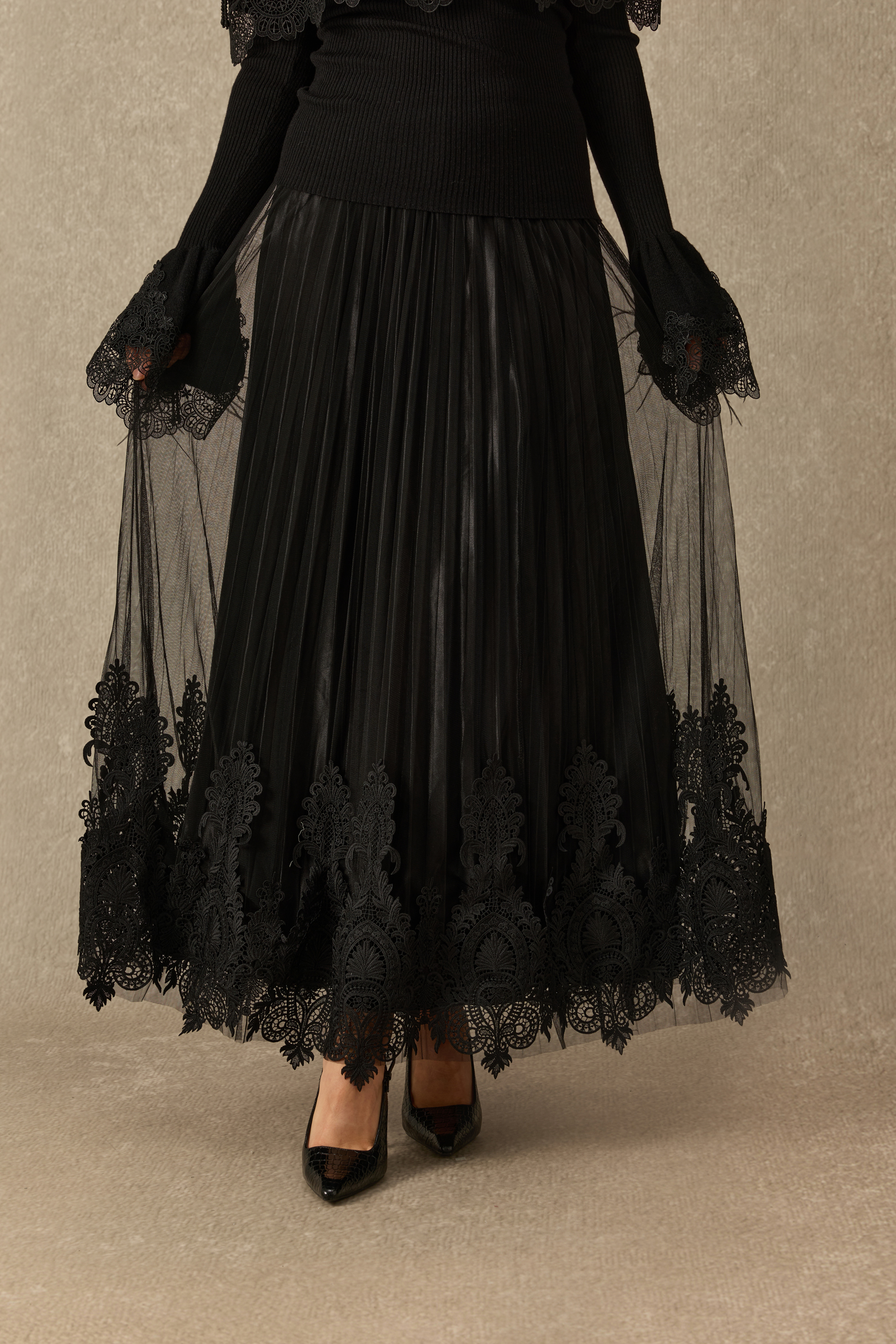 Take The Spotlight Lace Embroidered Pleated Maxi Skirt