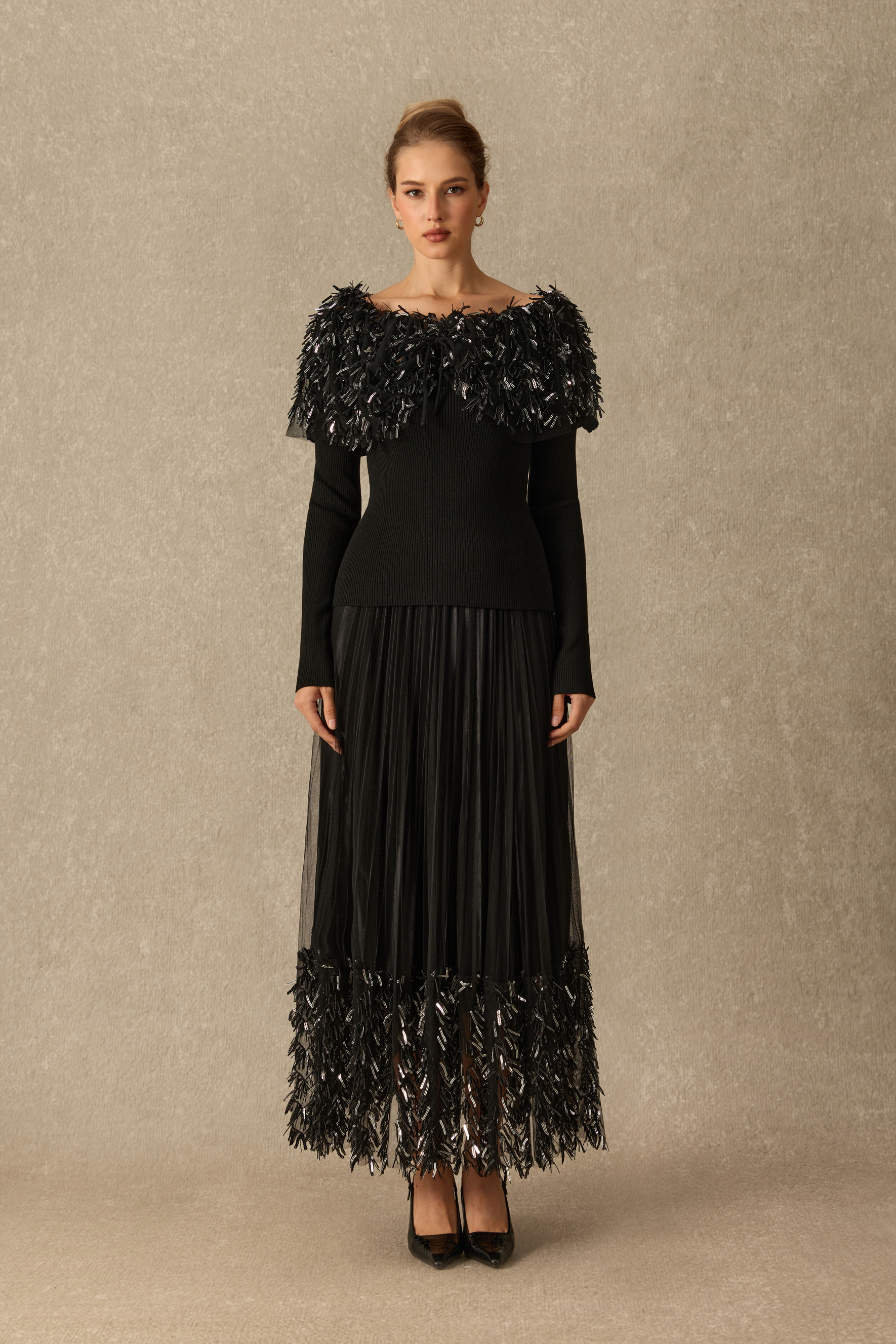 Marvelous Moment Off Shoulder Sequin Fringe Knit Top