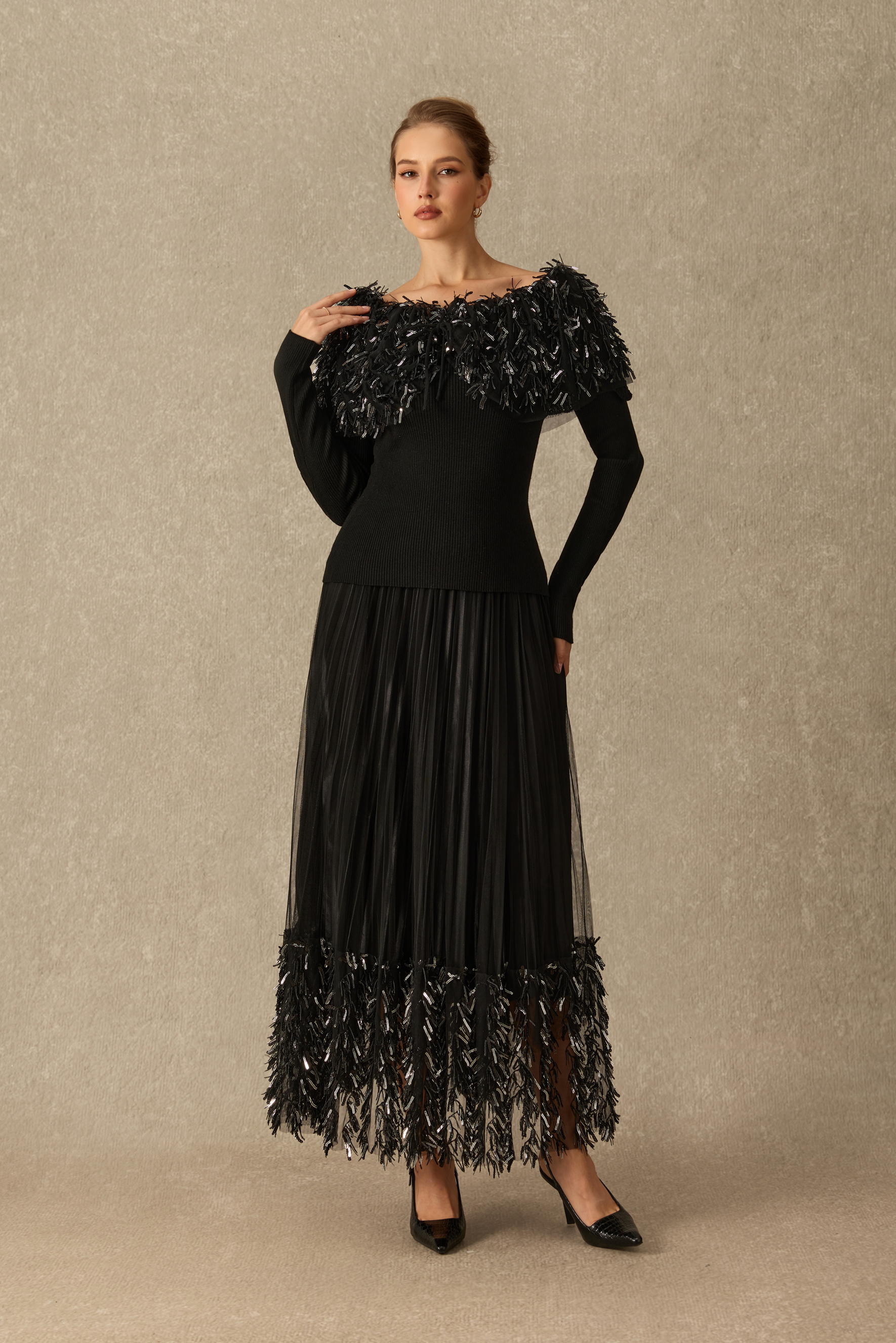 Marvelous Moment Sequin Fringe Pleated Tulle Maxi Skirt