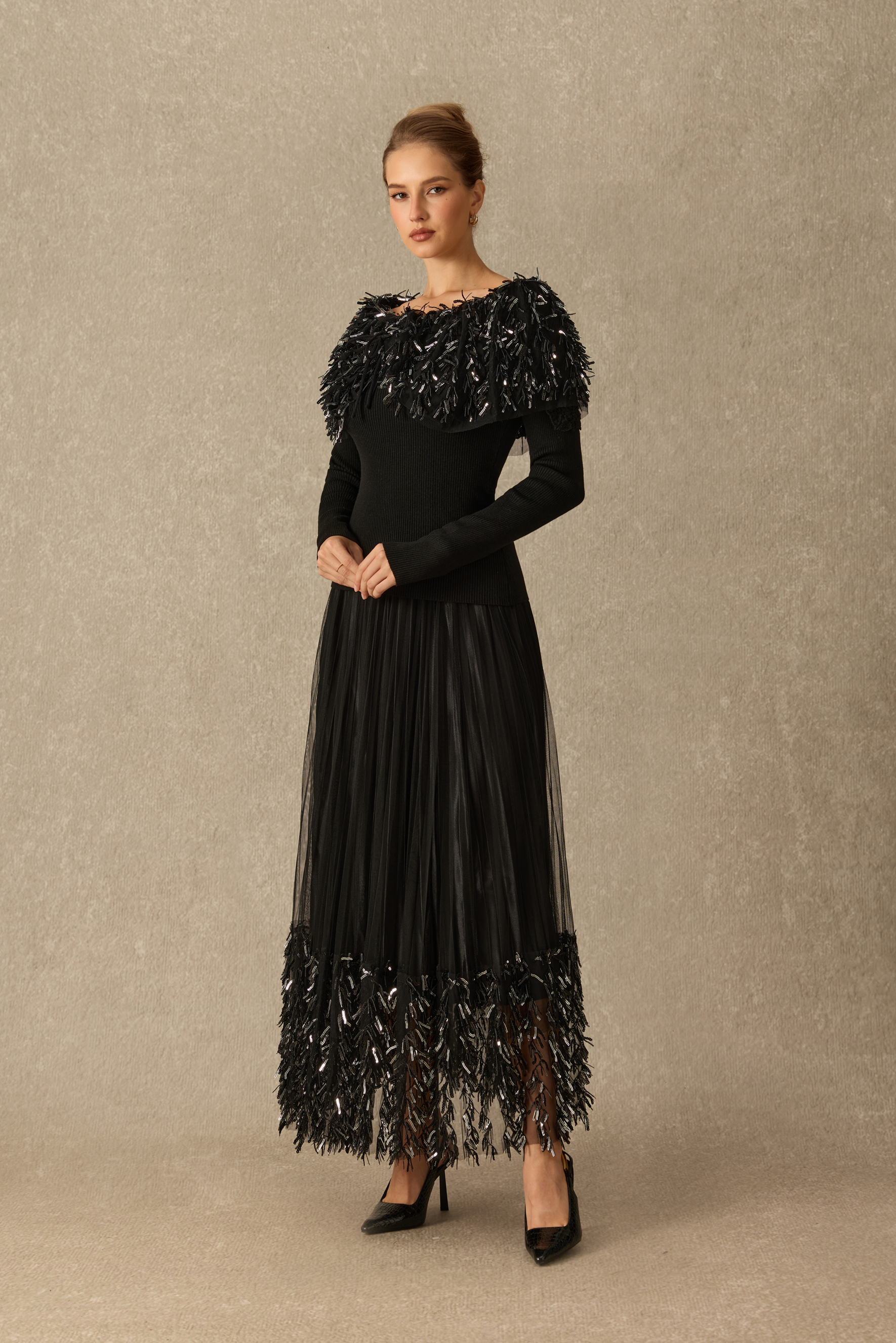 Marvelous Moment Sequin Fringe Pleated Tulle Maxi Skirt
