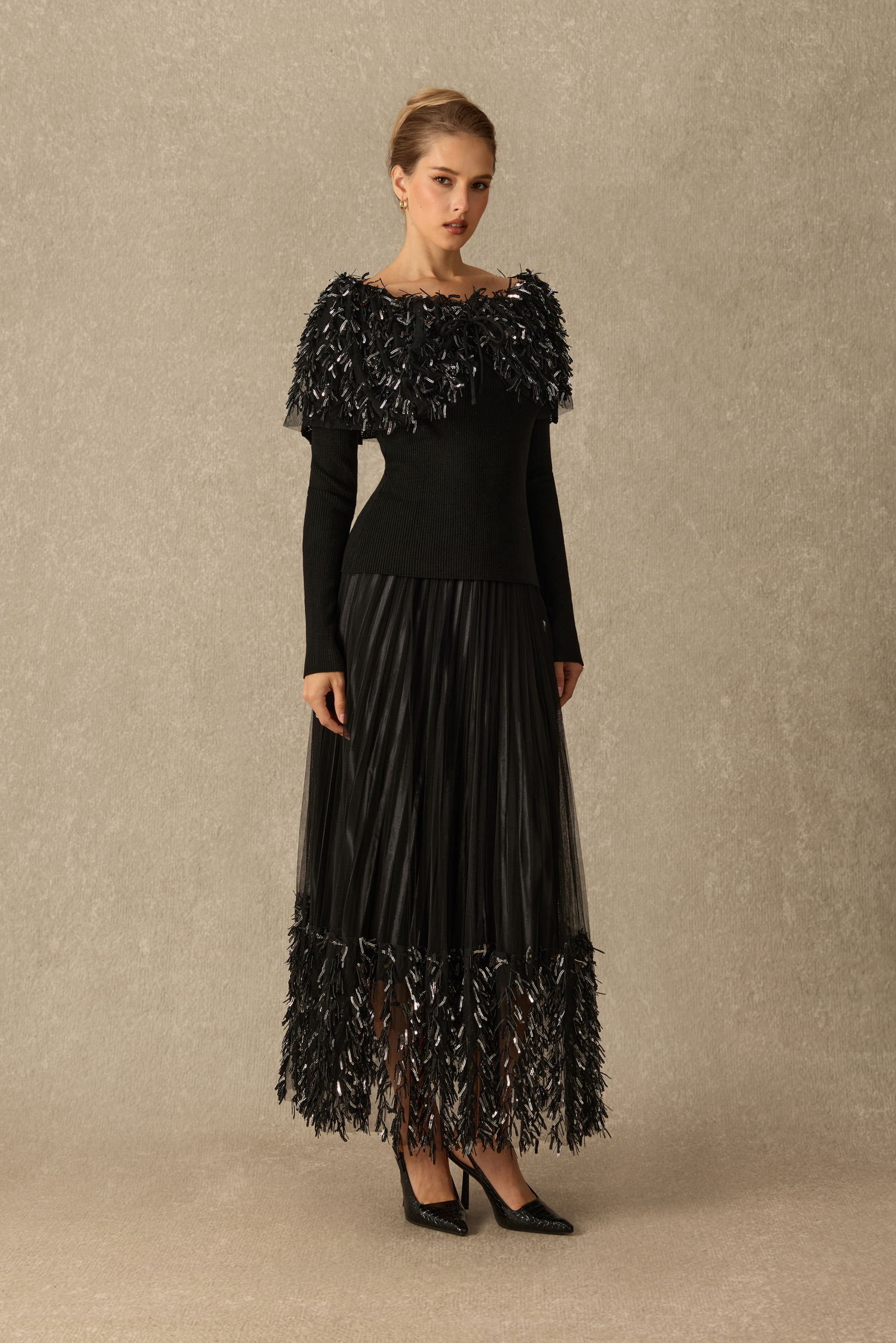 Marvelous Moment Sequin Fringe Pleated Tulle Maxi Skirt