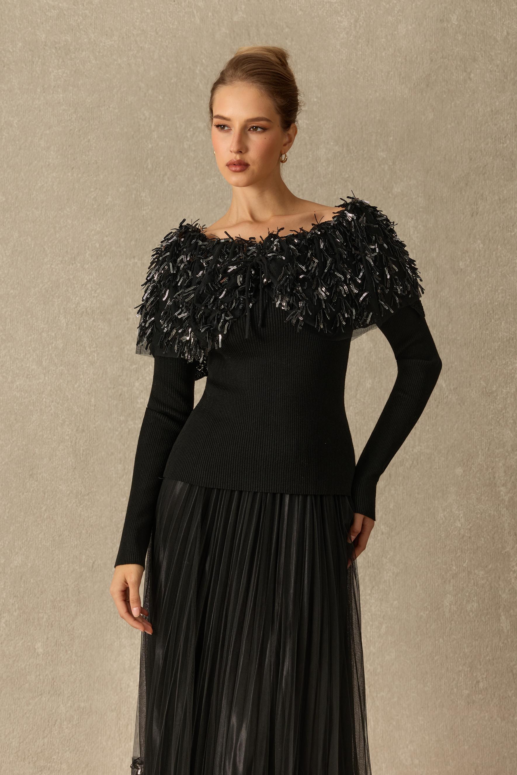 Marvelous Moment Off Shoulder Sequin Fringe Knit Top