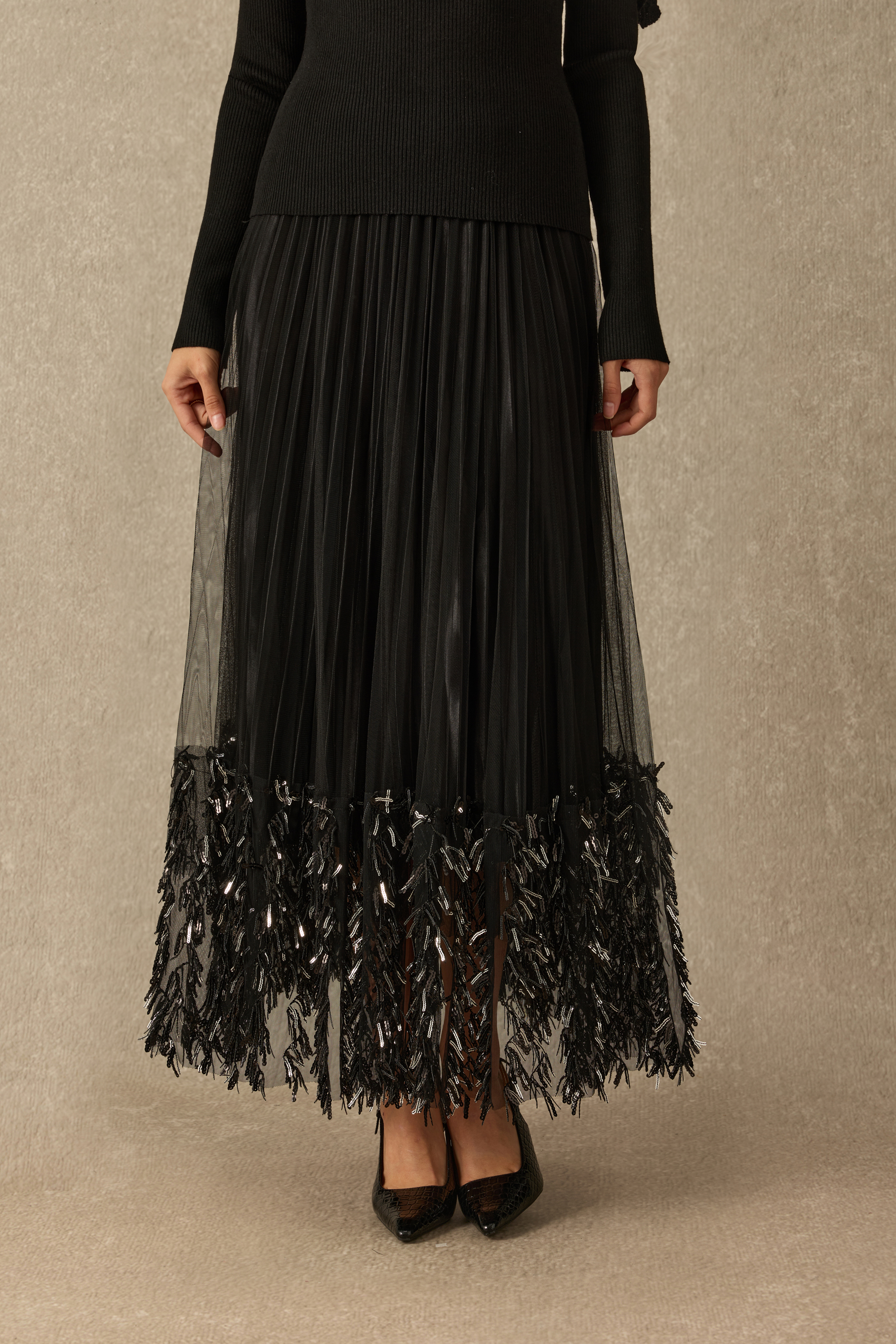 Marvelous Moment Sequin Fringe Pleated Tulle Maxi Skirt