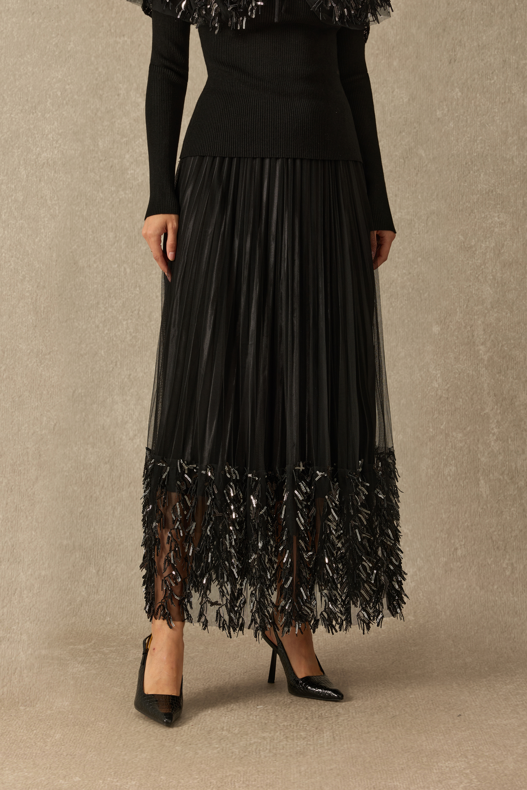 Marvelous Moment Sequin Fringe Pleated Tulle Maxi Skirt