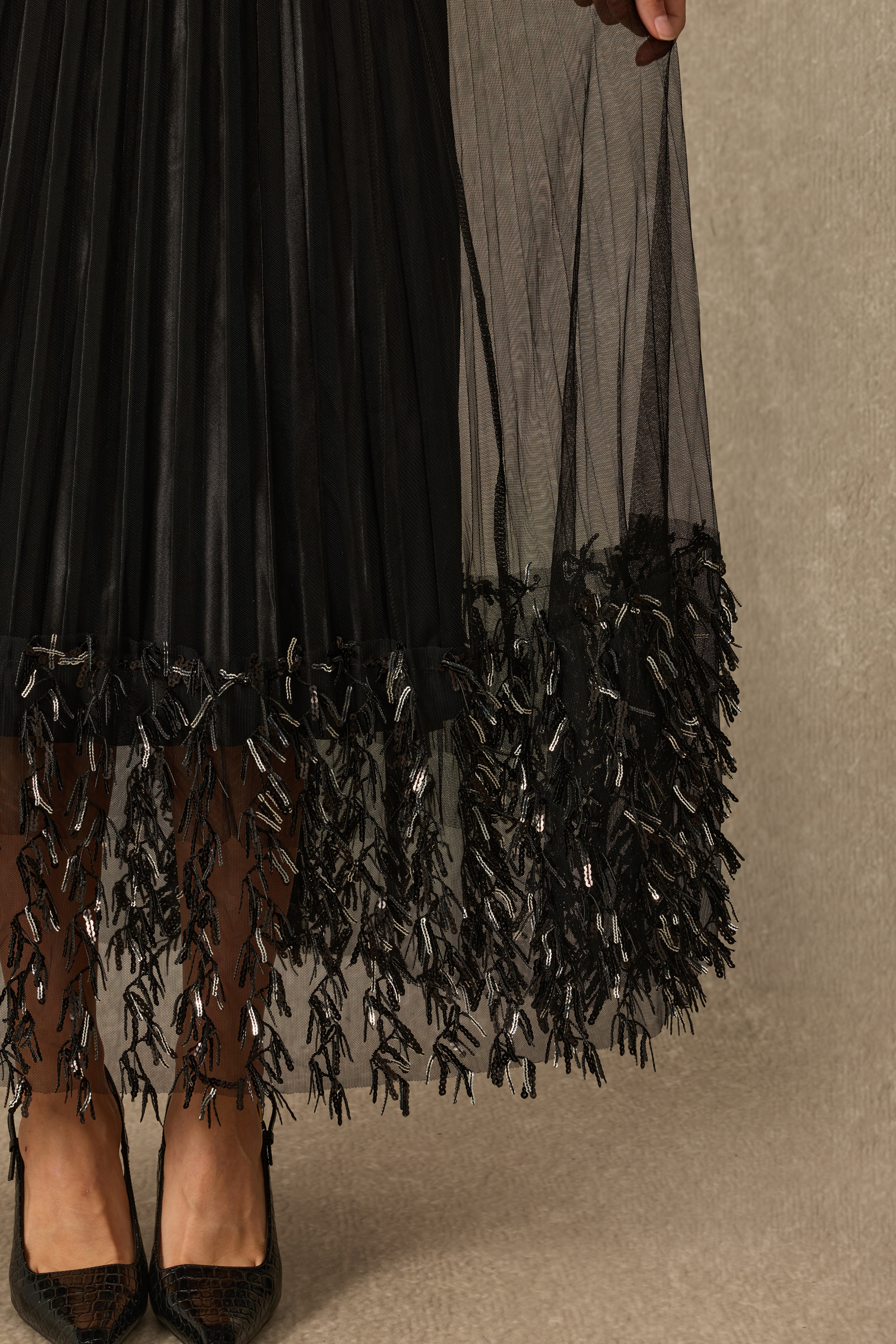 Marvelous Moment Sequin Fringe Pleated Tulle Maxi Skirt
