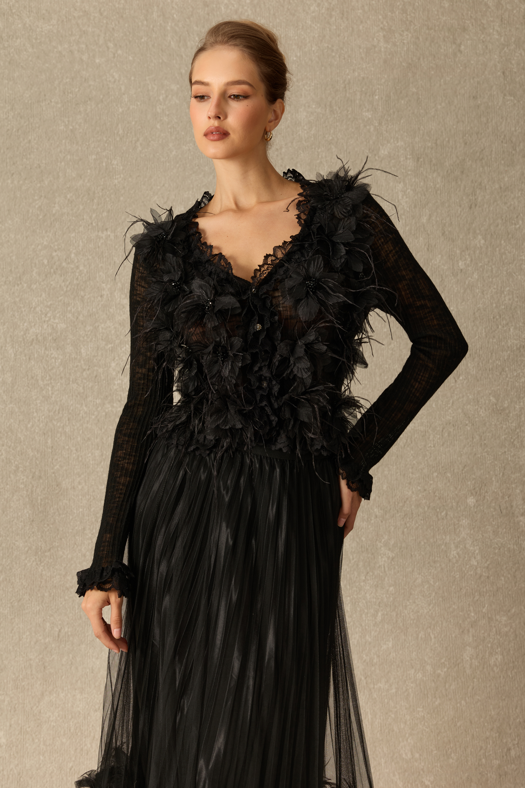 Romantic Endeavors Floral Applique Long Sleeve Top