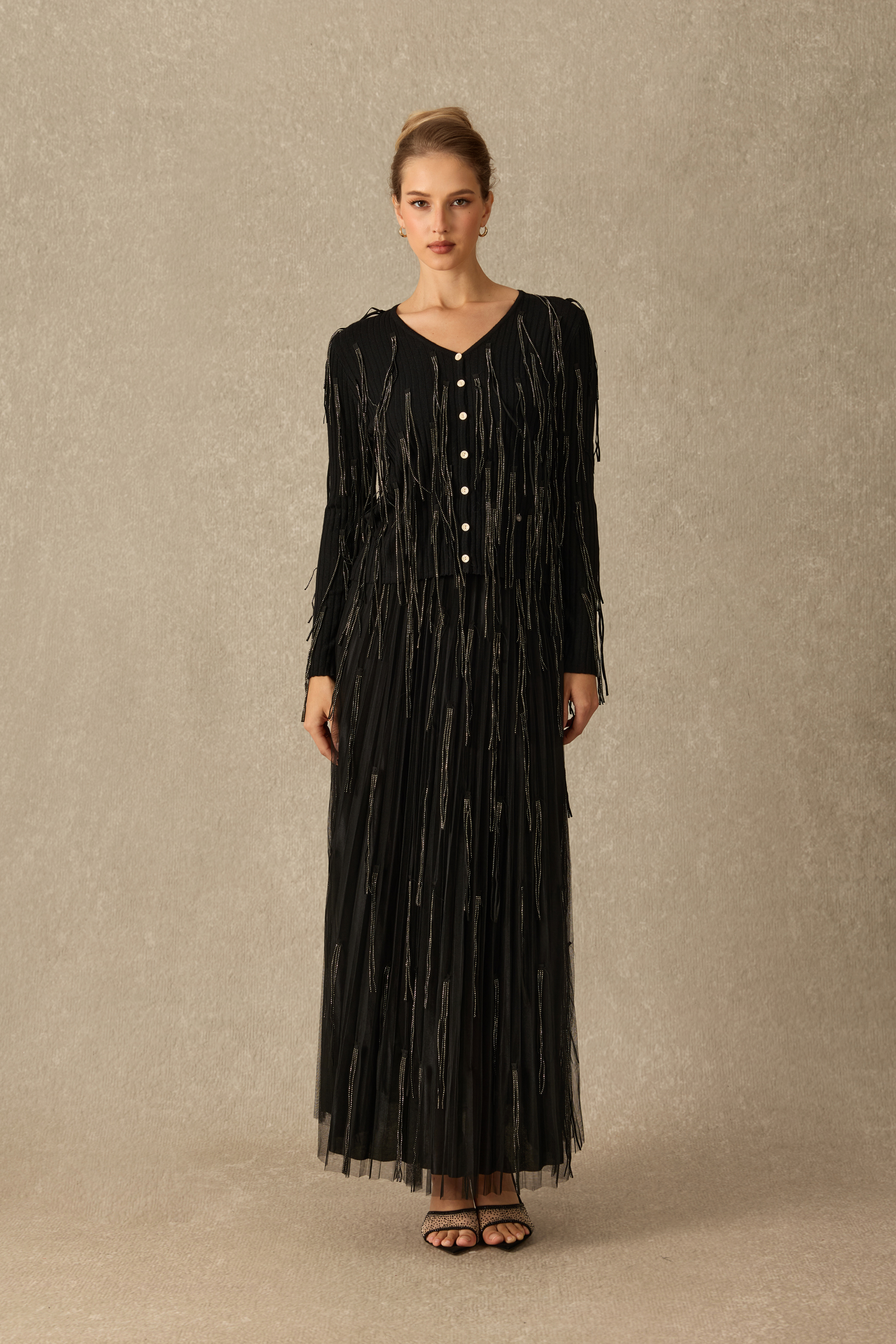 Evening Affair V Neck Embellished Fringe Long Sleeve Top
