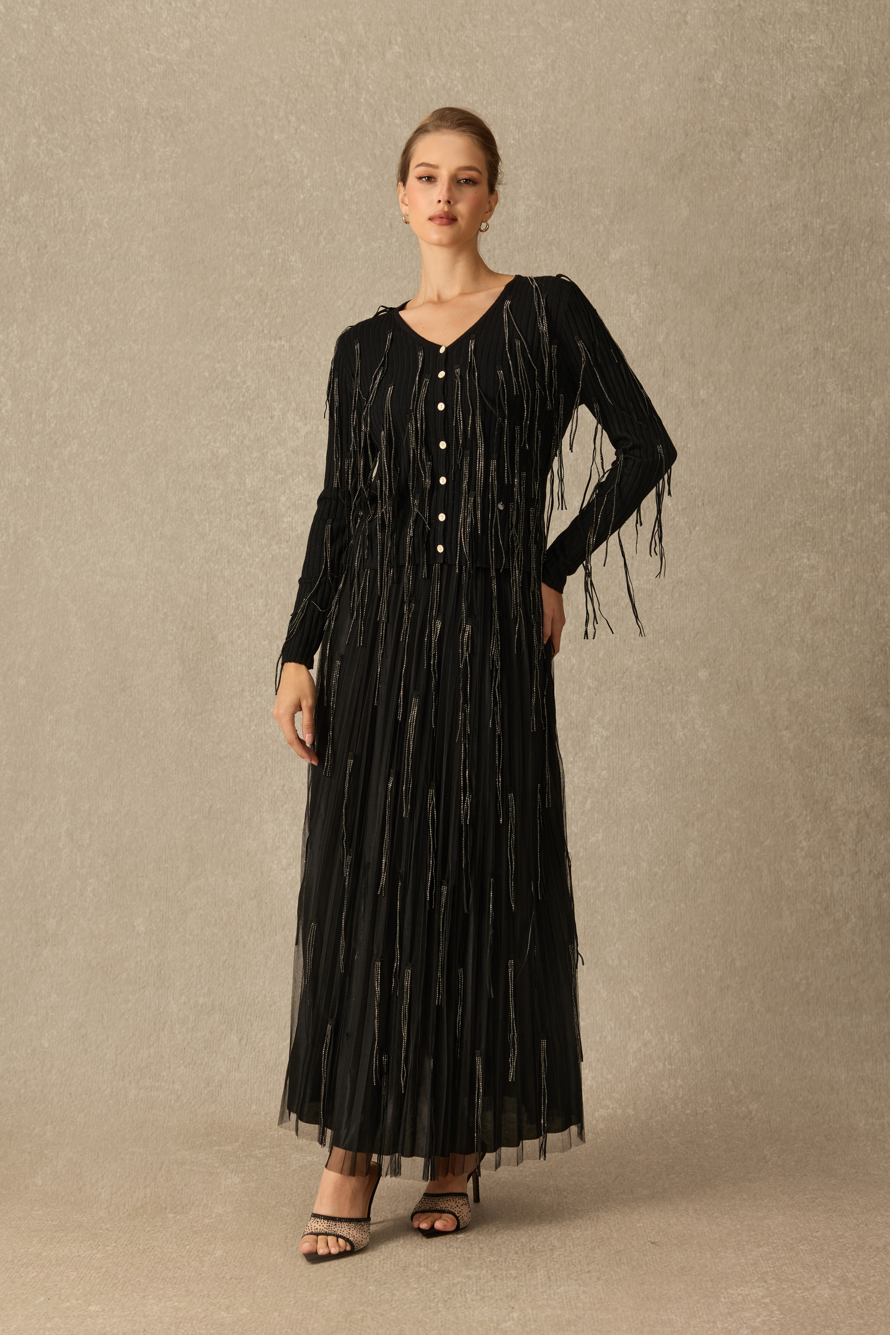 Evening Affair Embellished Fringe Pleated Maxi Skirt