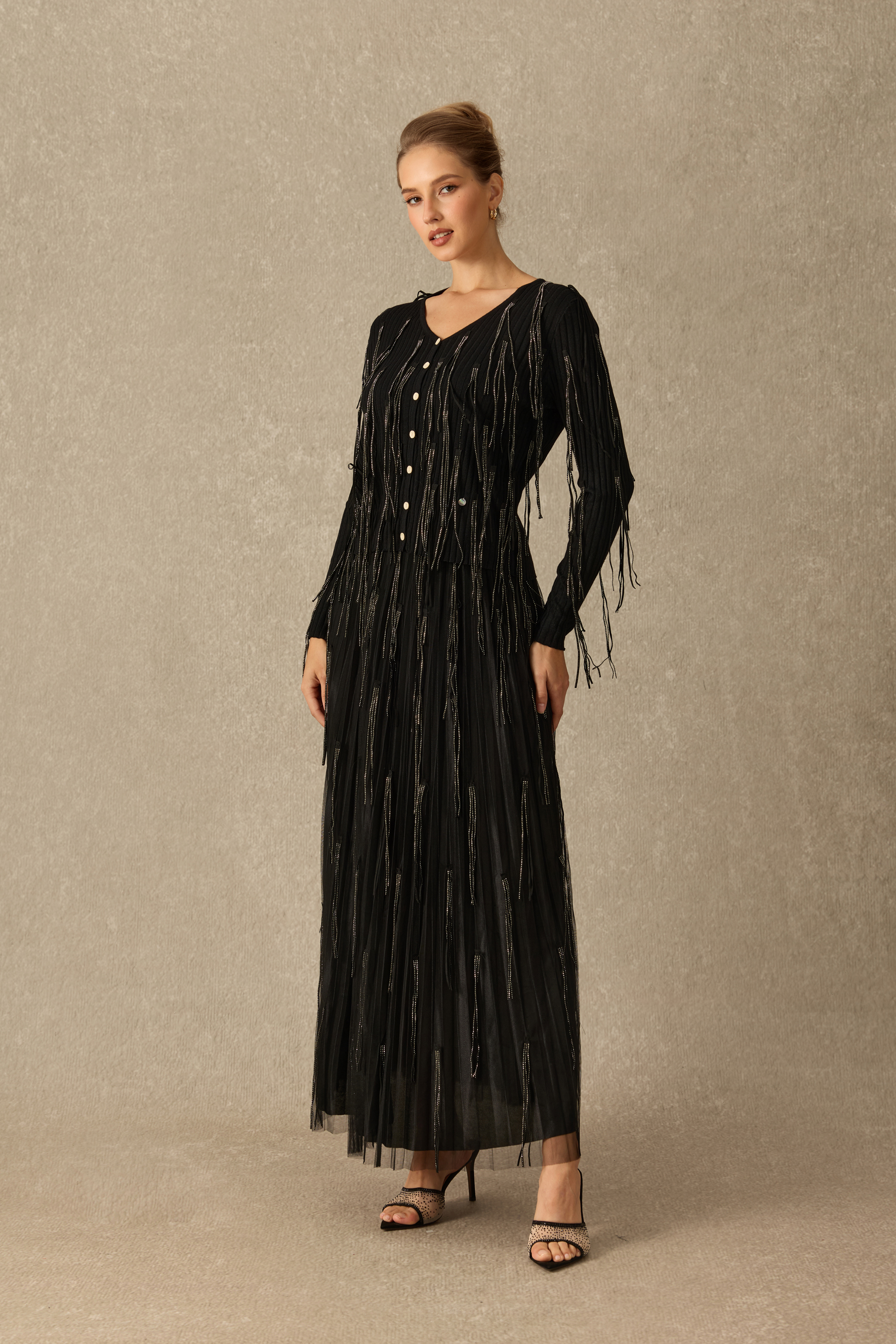Evening Affair V Neck Embellished Fringe Long Sleeve Top