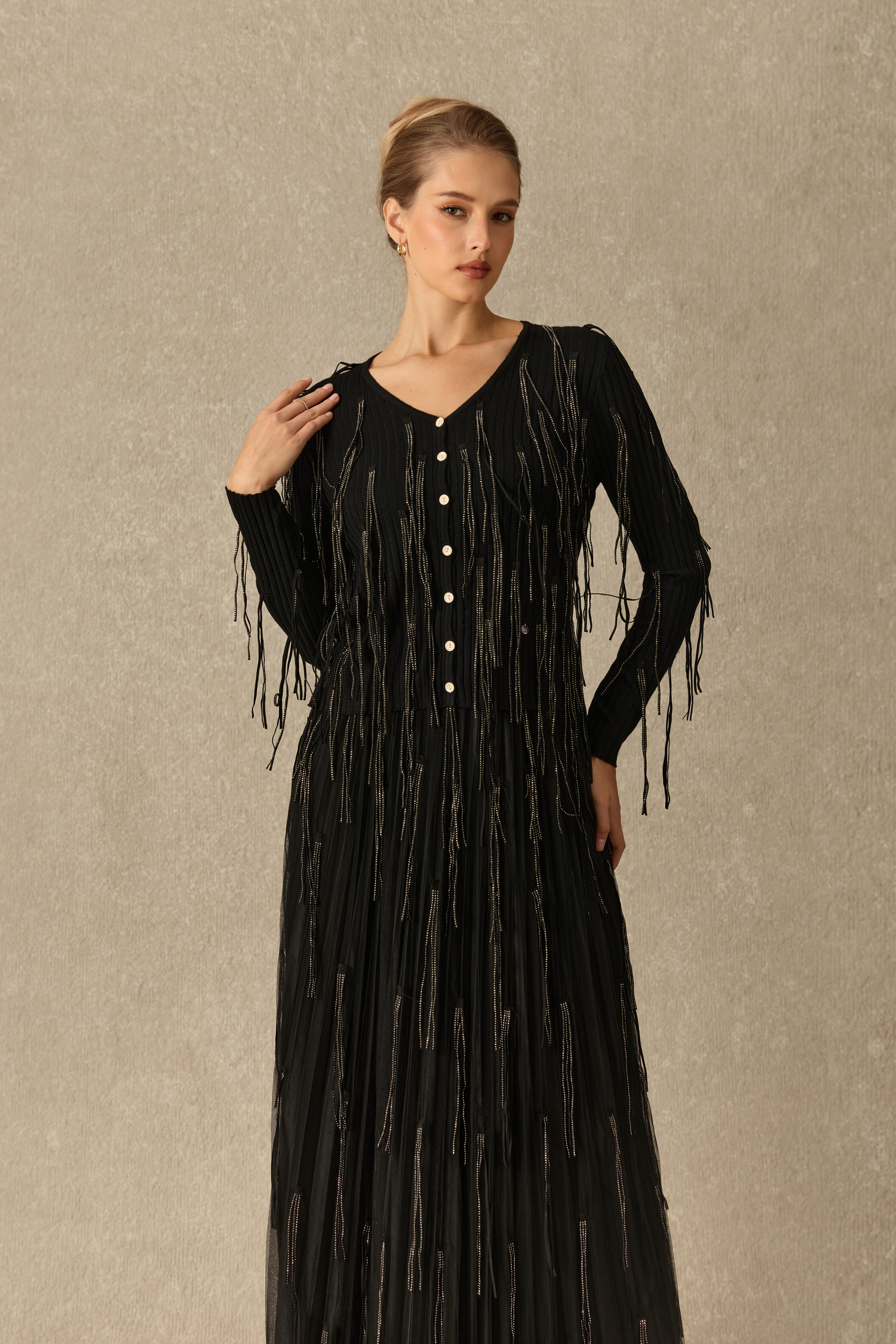Evening Affair V Neck Embellished Fringe Long Sleeve Top
