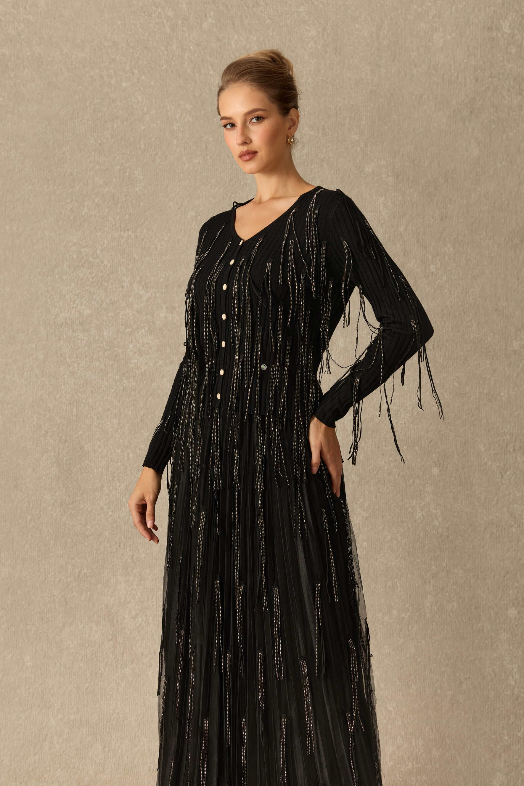 Evening Affair V Neck Embellished Fringe Long Sleeve Top