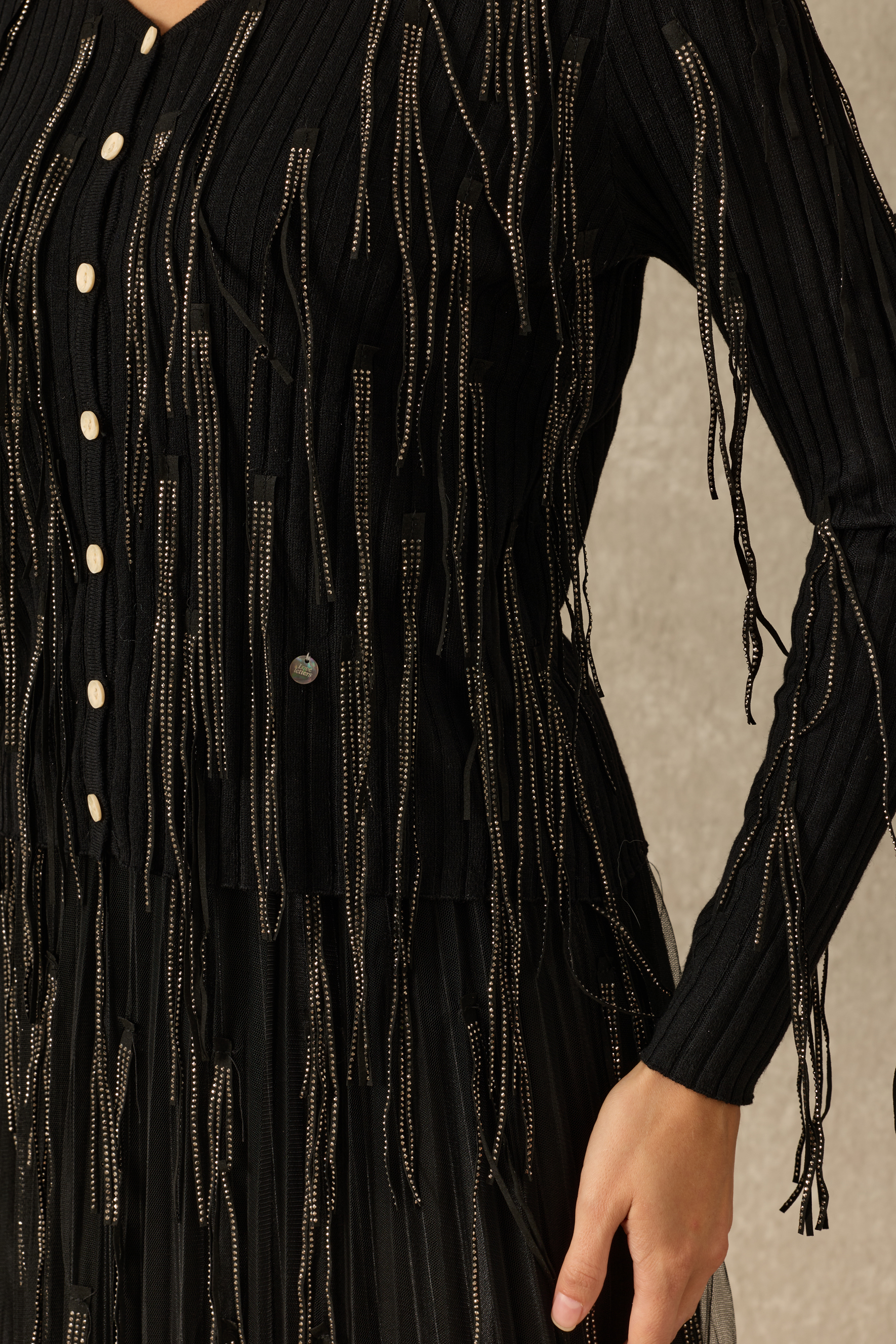 Evening Affair V Neck Embellished Fringe Long Sleeve Top