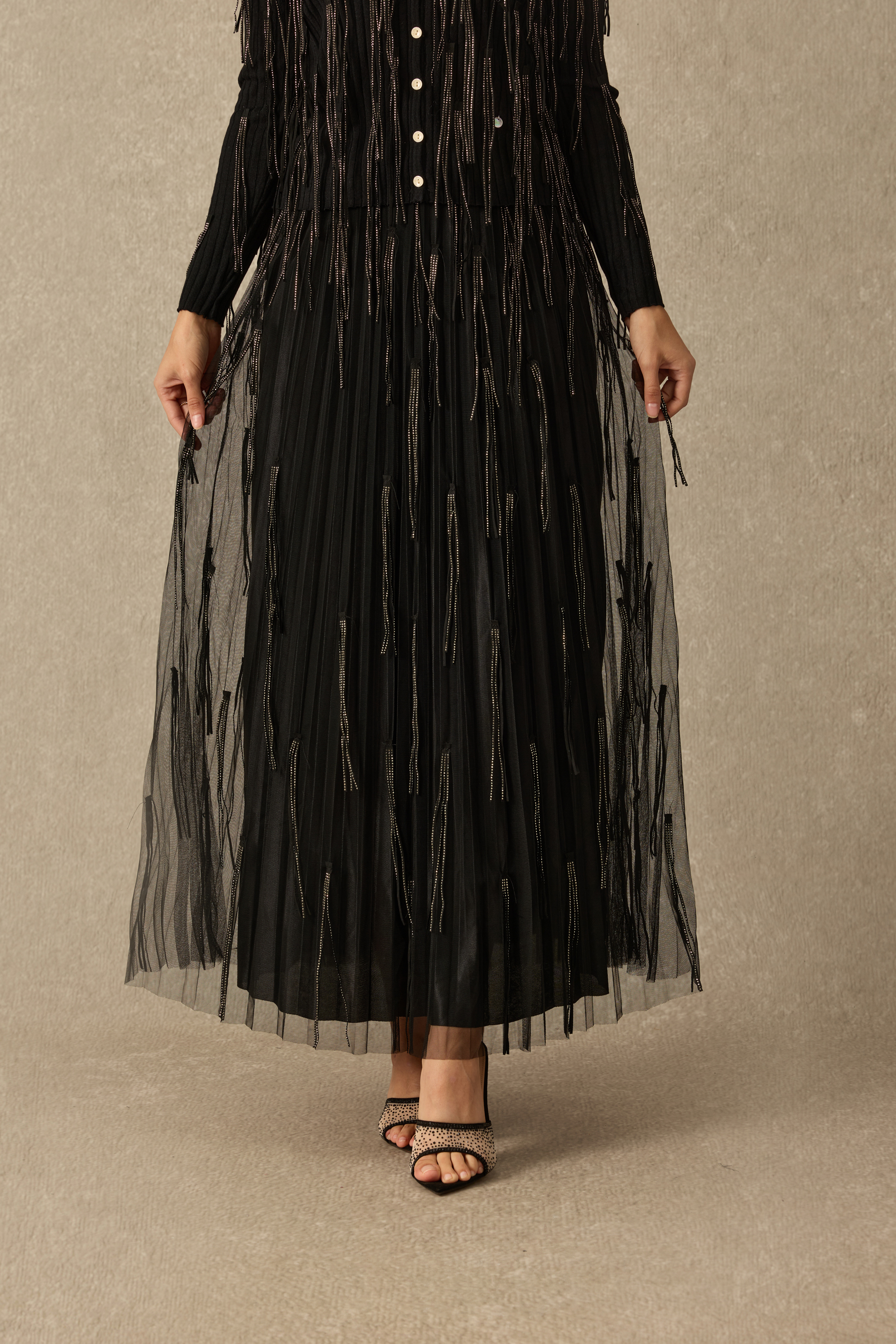 Evening Affair Embellished Fringe Pleated Maxi Skirt