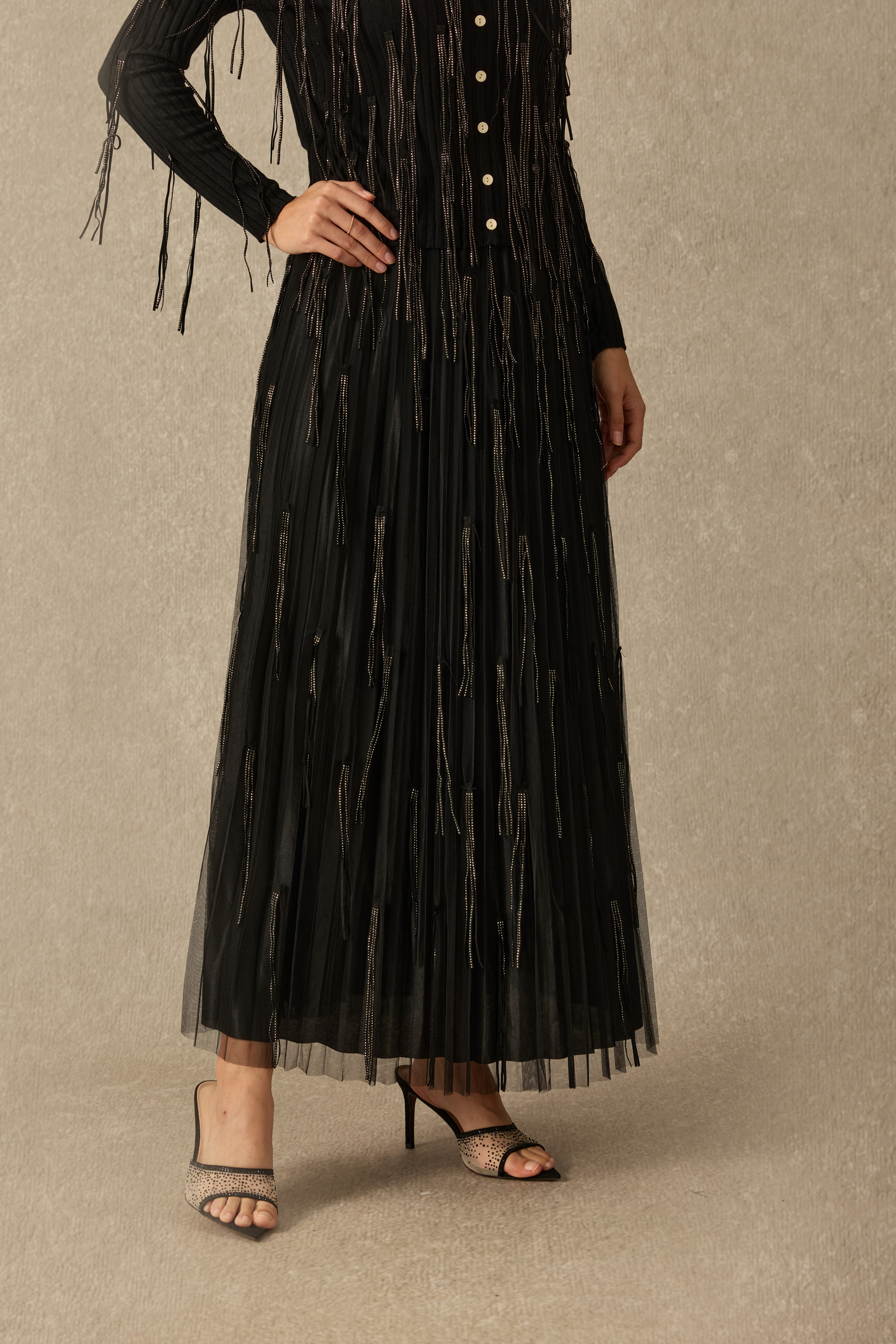 Evening Affair Embellished Fringe Pleated Maxi Skirt