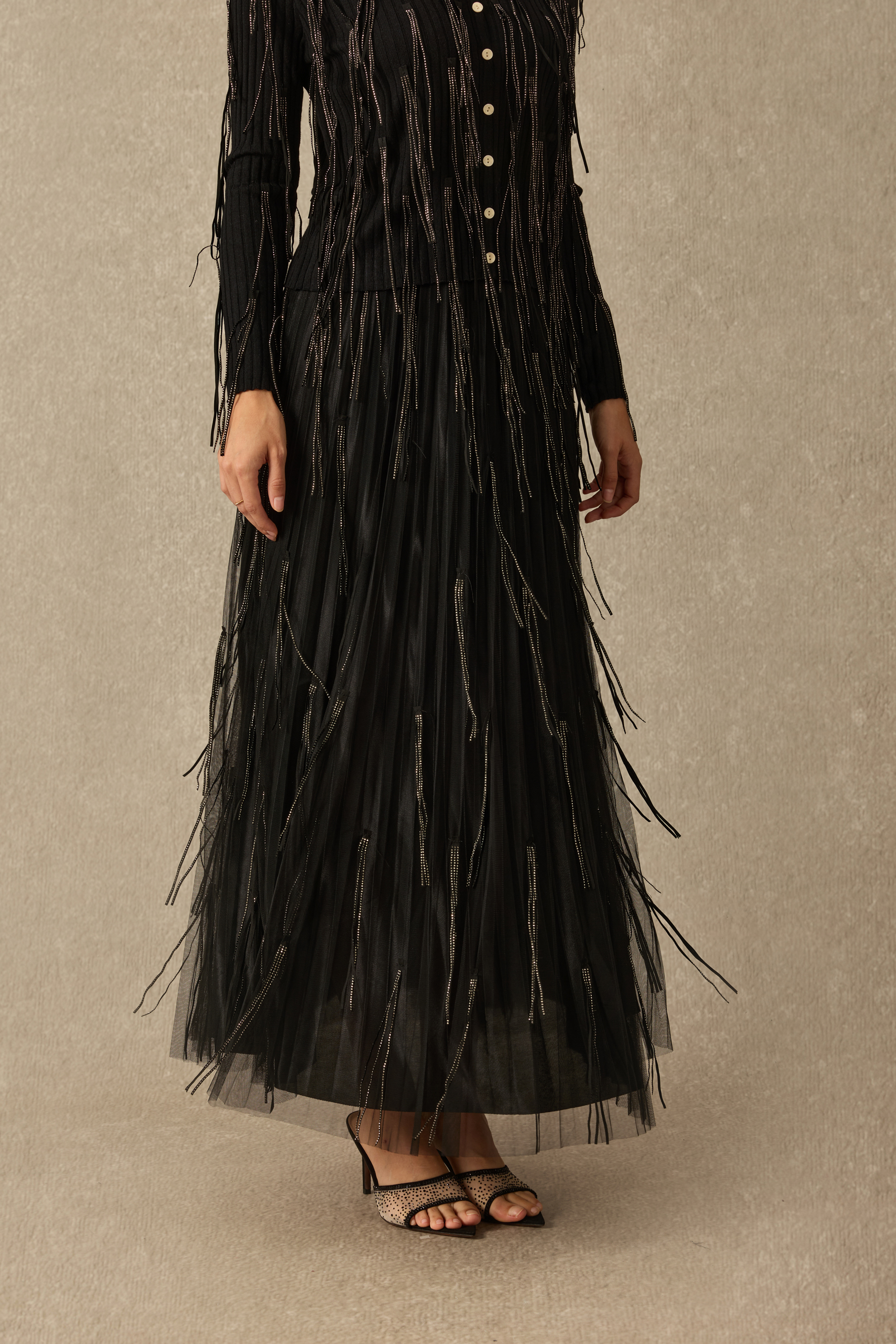 Evening Affair Embellished Fringe Pleated Maxi Skirt