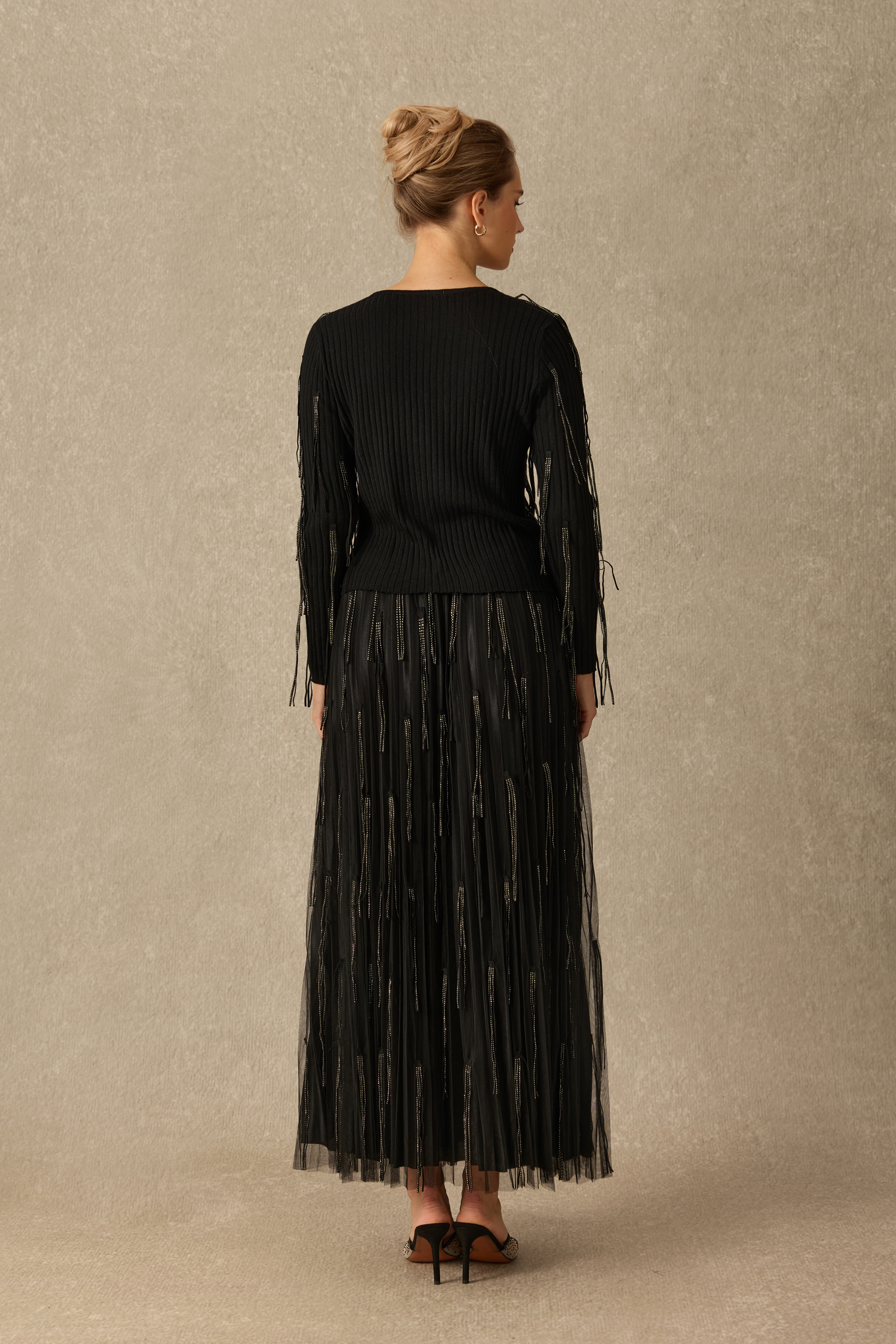 Evening Affair Embellished Fringe Pleated Maxi Skirt