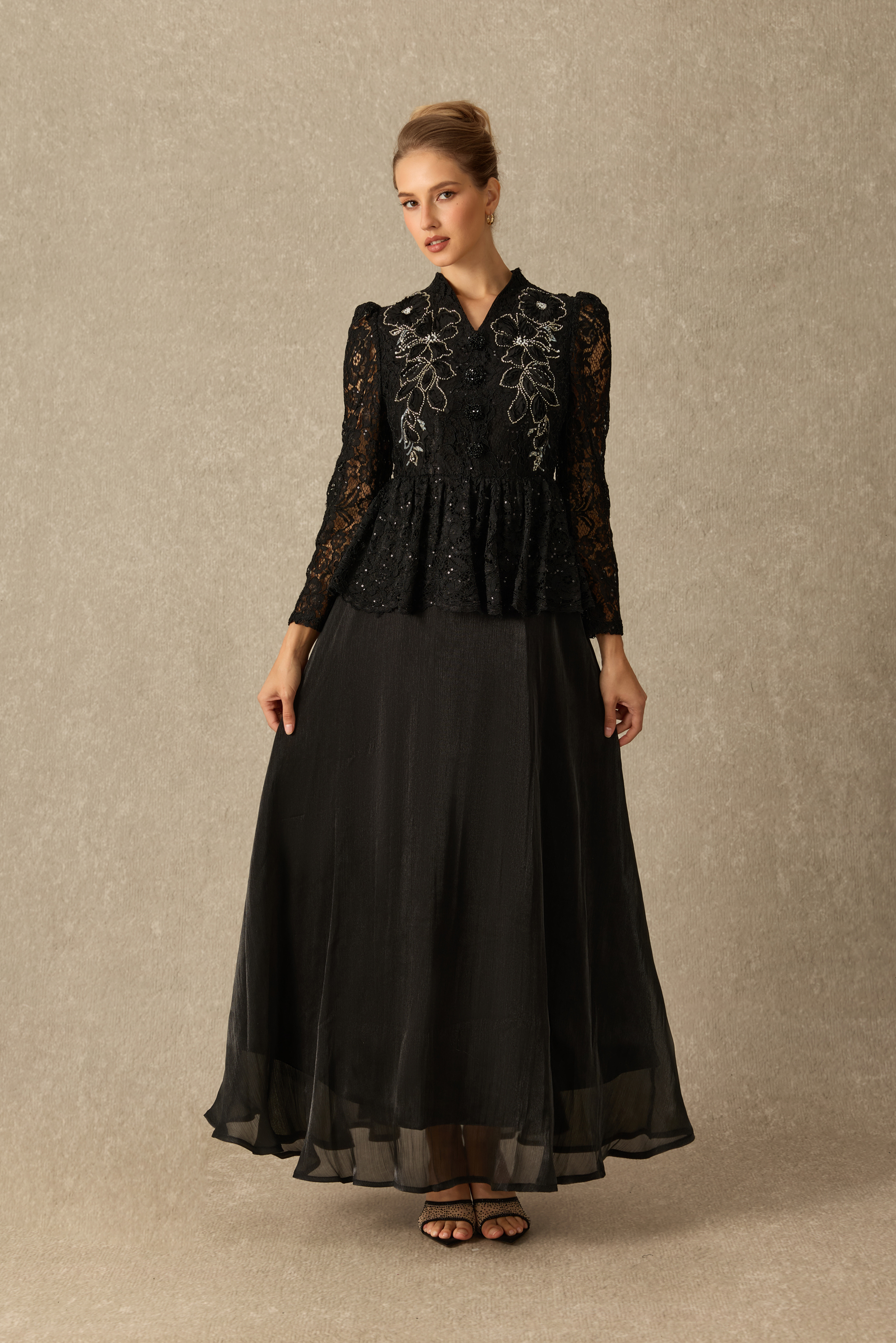 Gorgeous Essence Floral Embroidered Lace Peplum Maxi Dress