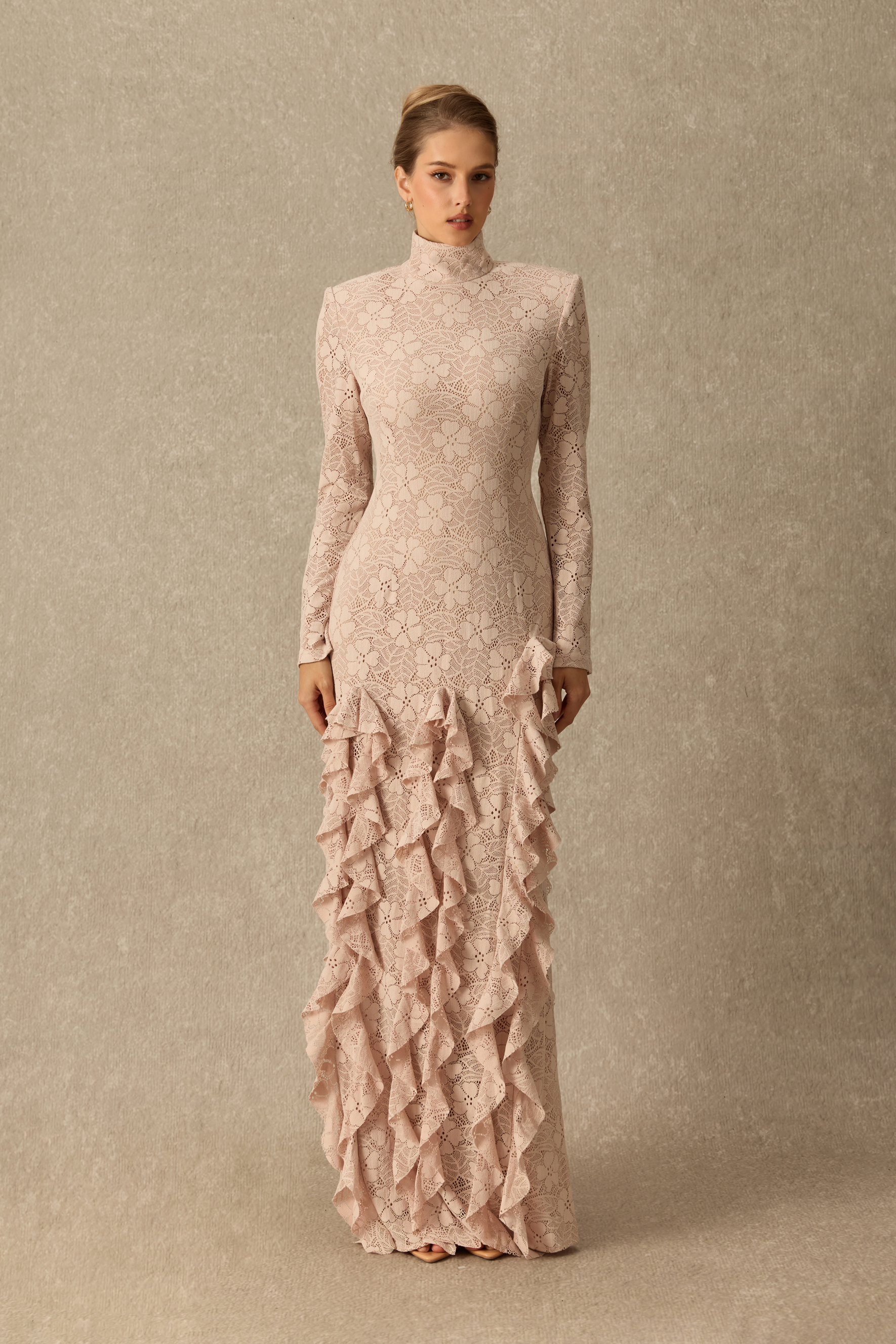More Than Pretty Asymmetrical Ruffle Floral Lace Maxi Dress