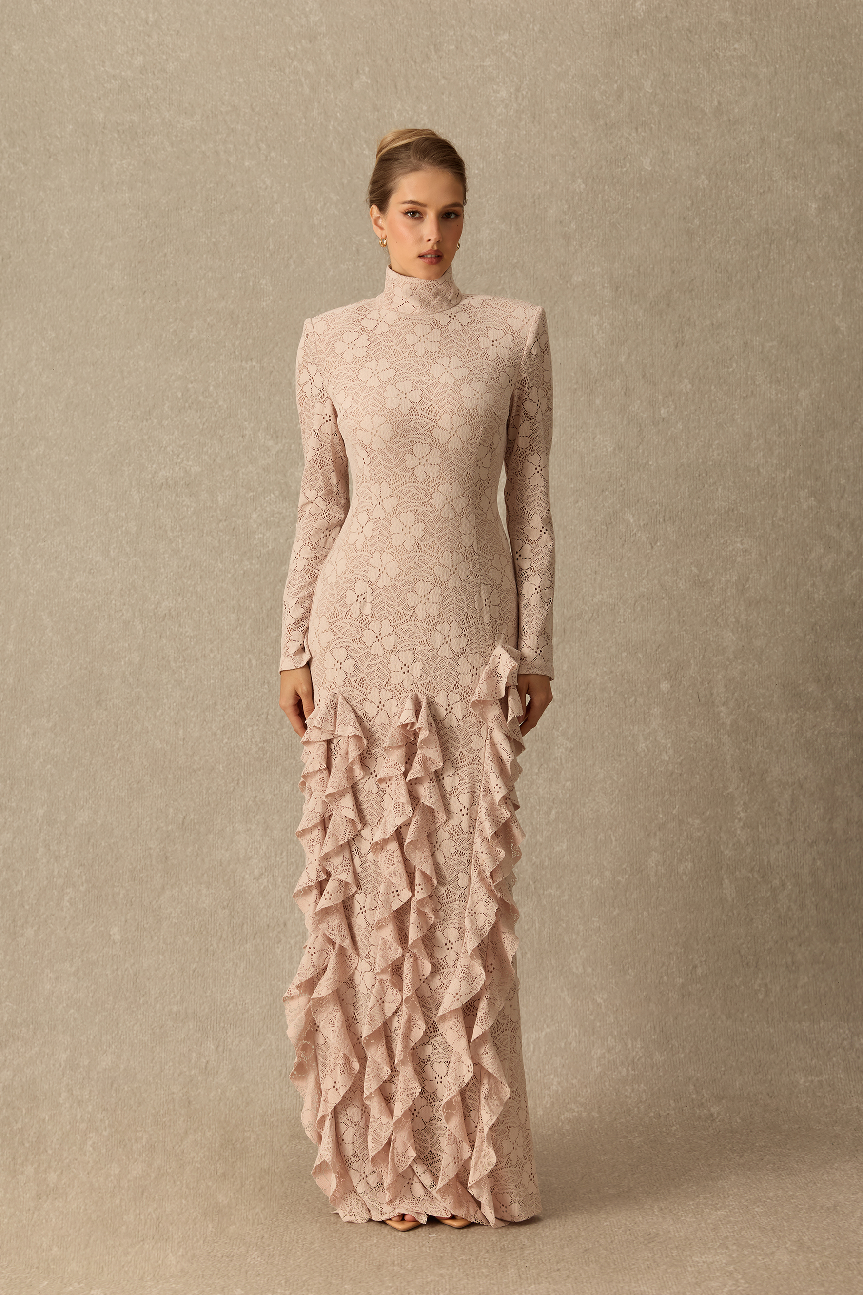 More Than Pretty Asymmetrical Ruffle Floral Lace Maxi Dress