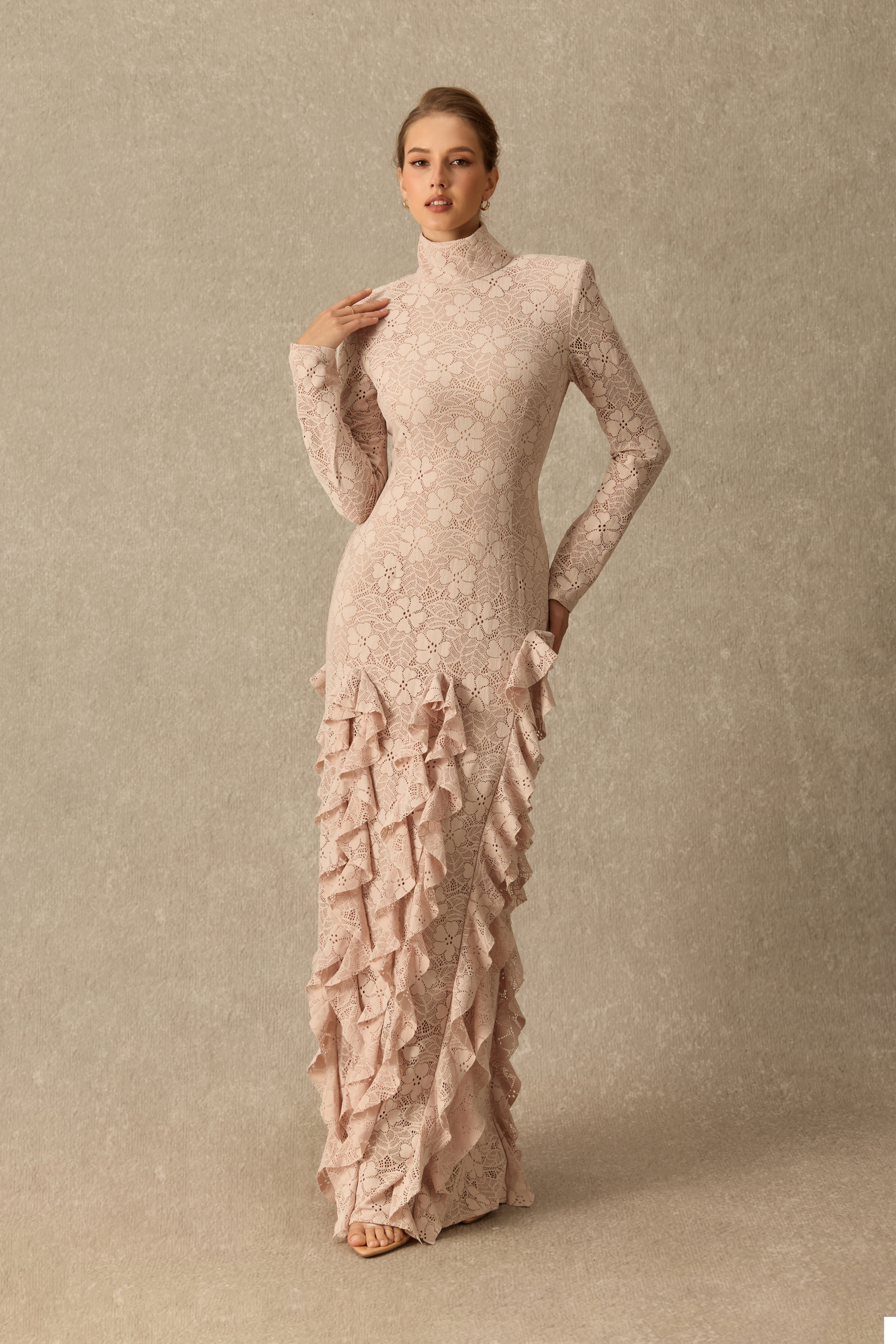 More Than Pretty Asymmetrical Ruffle Floral Lace Maxi Dress